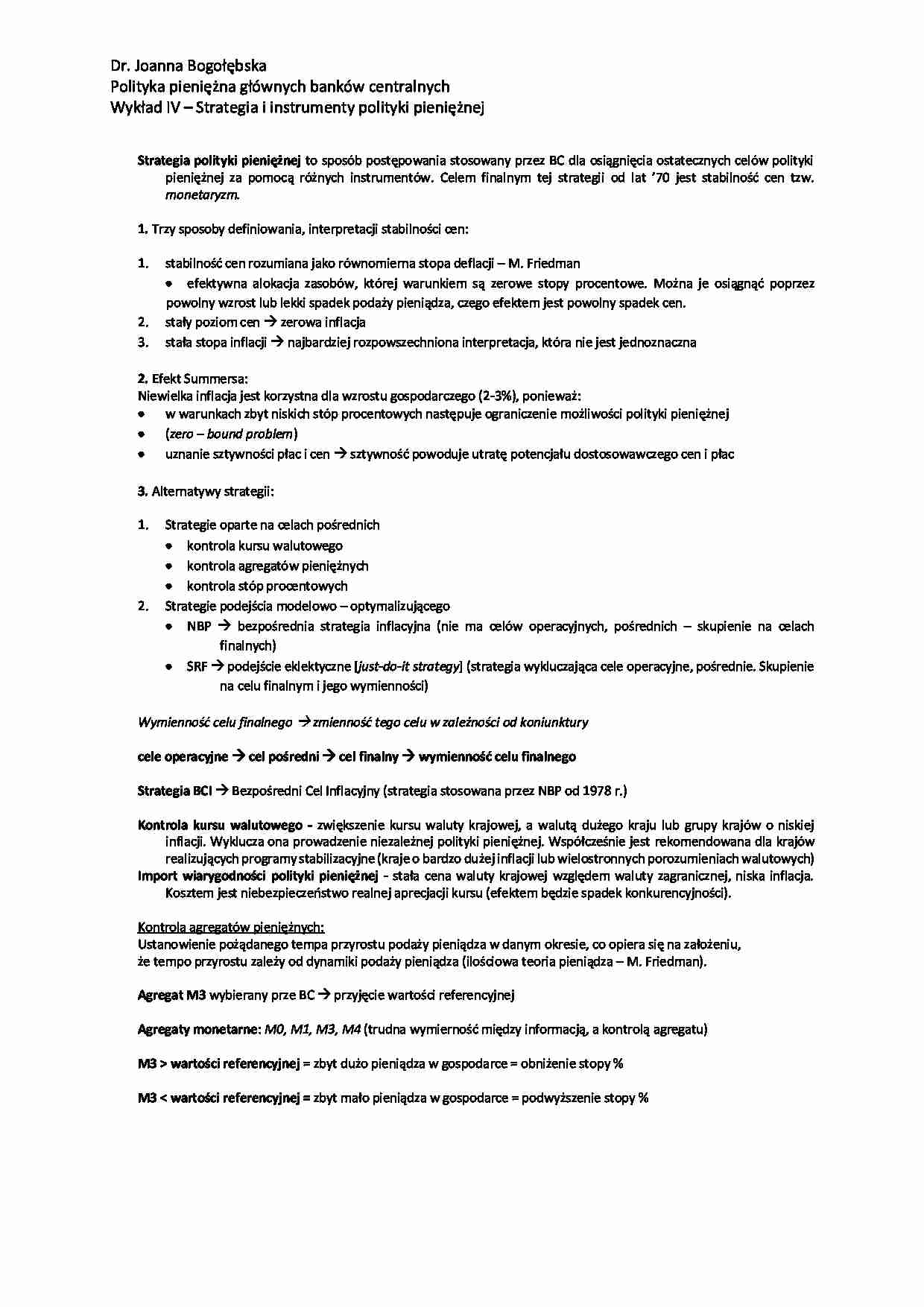 Strategia i instrumenty polityki pieniężnej - wykład - strona 1