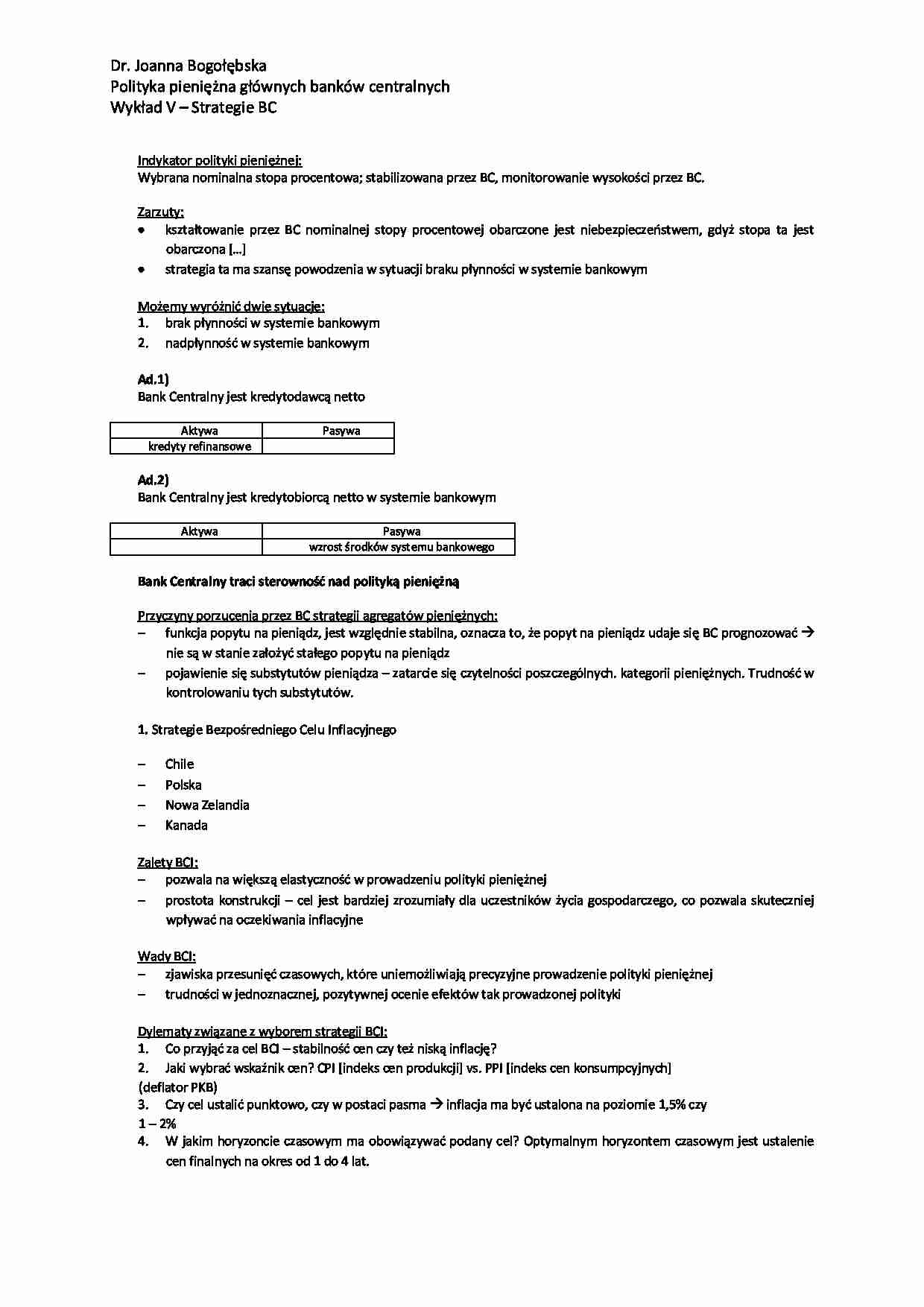 Strategie Banku Centralnego - wykład - strona 1