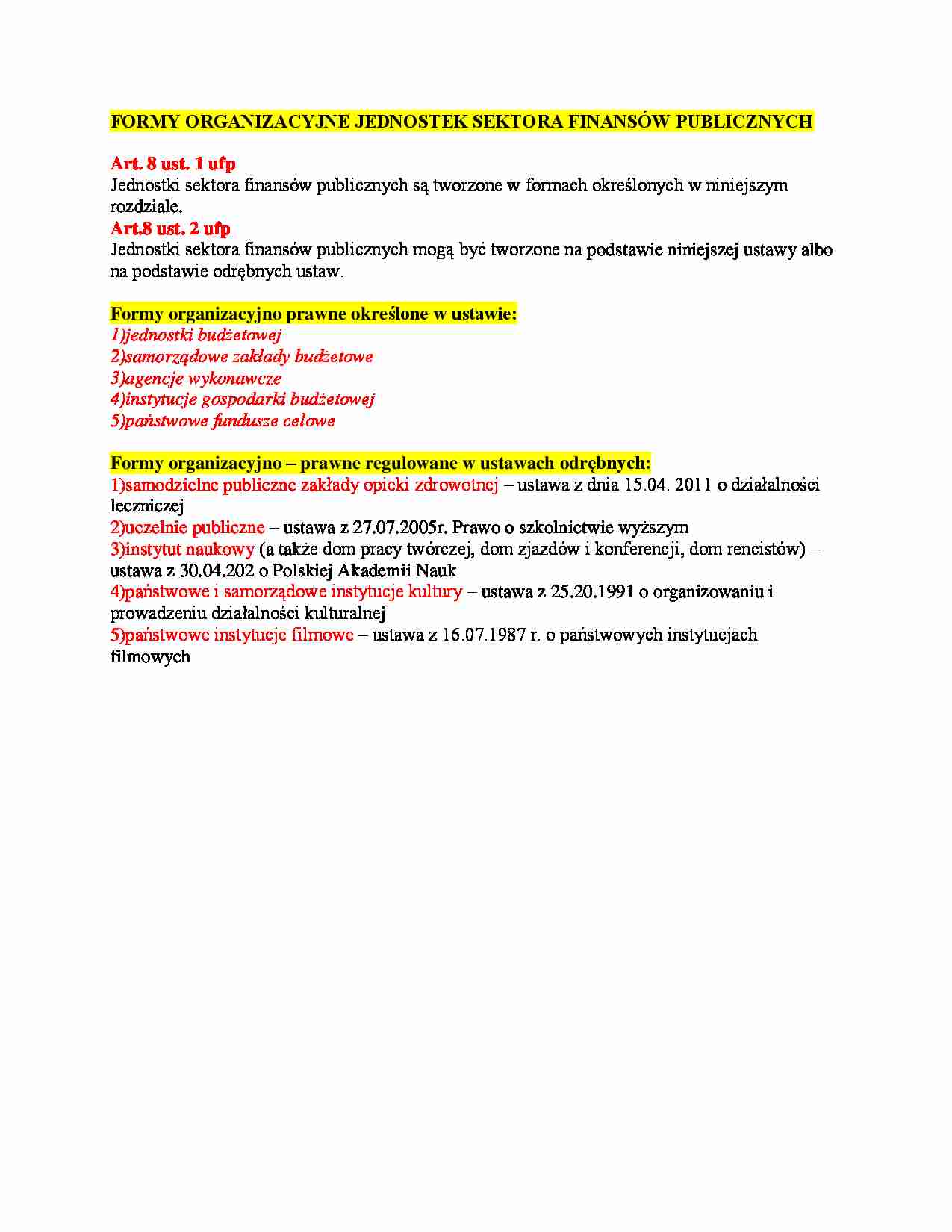 Wykład - formy organizacyjne jednostek sektora finansów publicznych - strona 1
