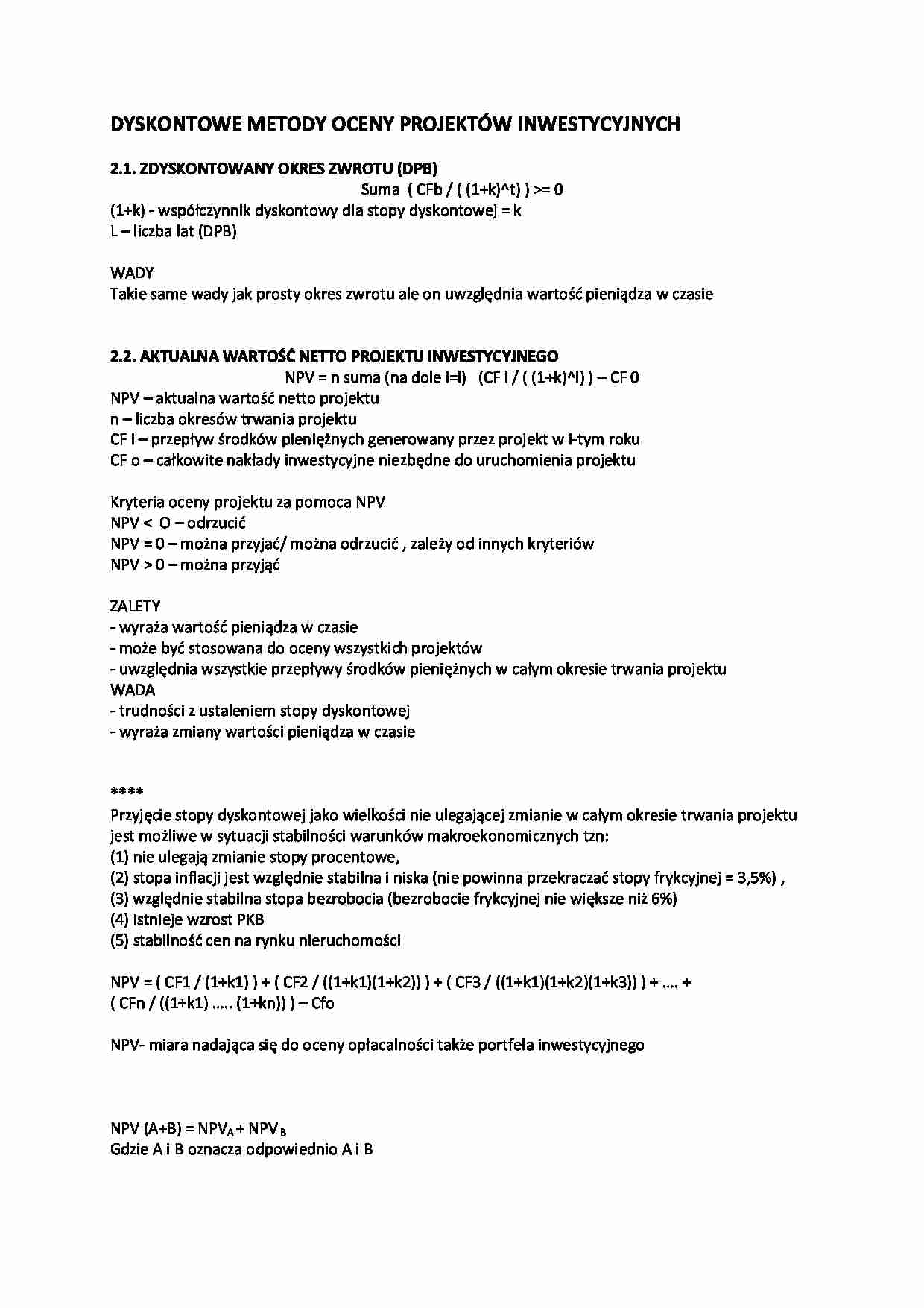 Wykład - metody oceny projektów inwestycyjnych - strona 1