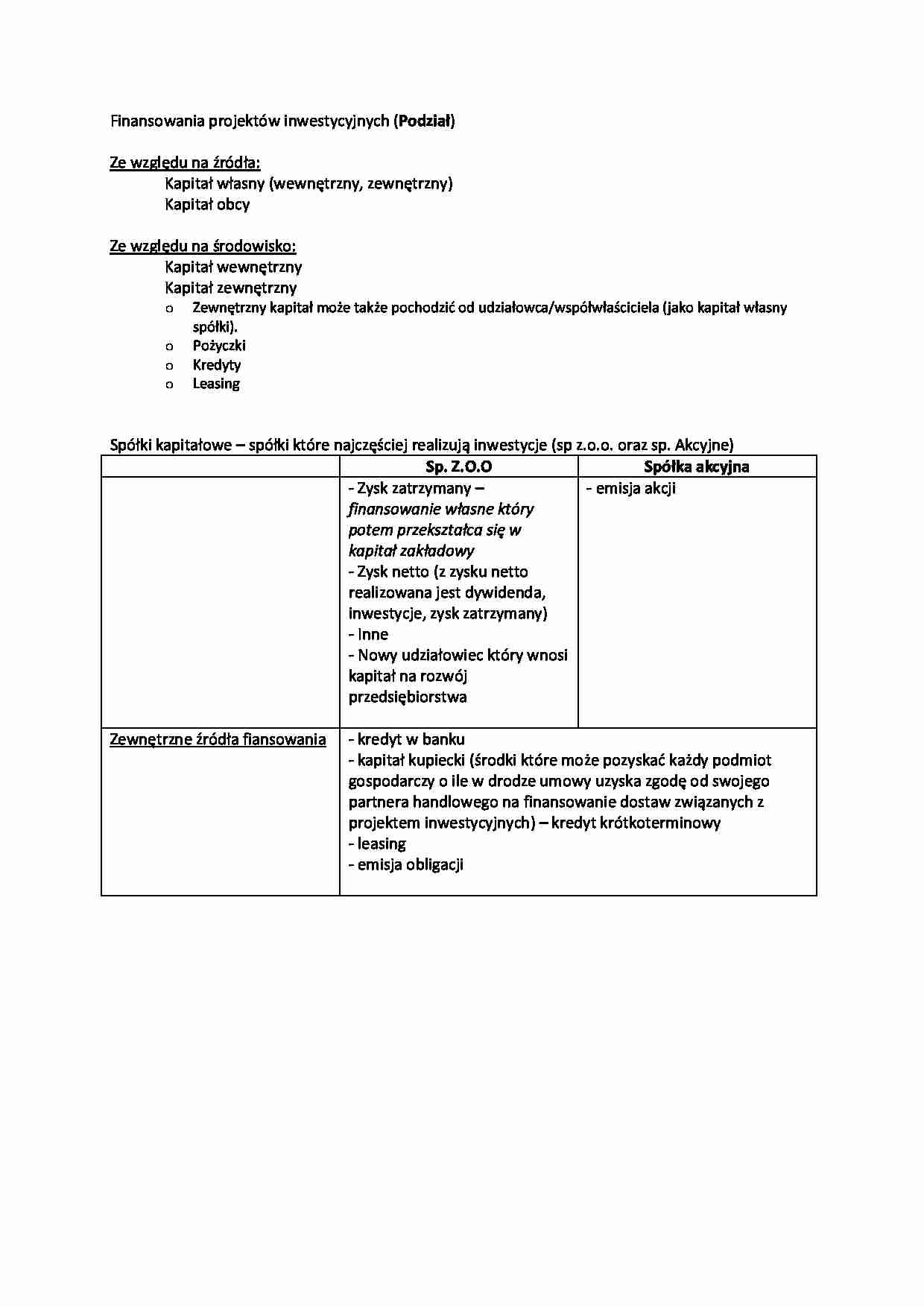 Wykład - podział finansowania projektów inwestycyjnych - strona 1