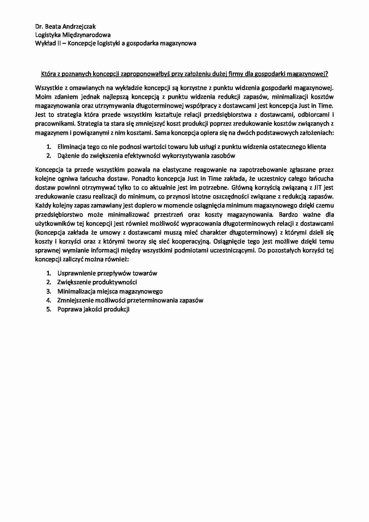 Koncepcje logistyki a gospodarka magazynowa - wykład - strona 1