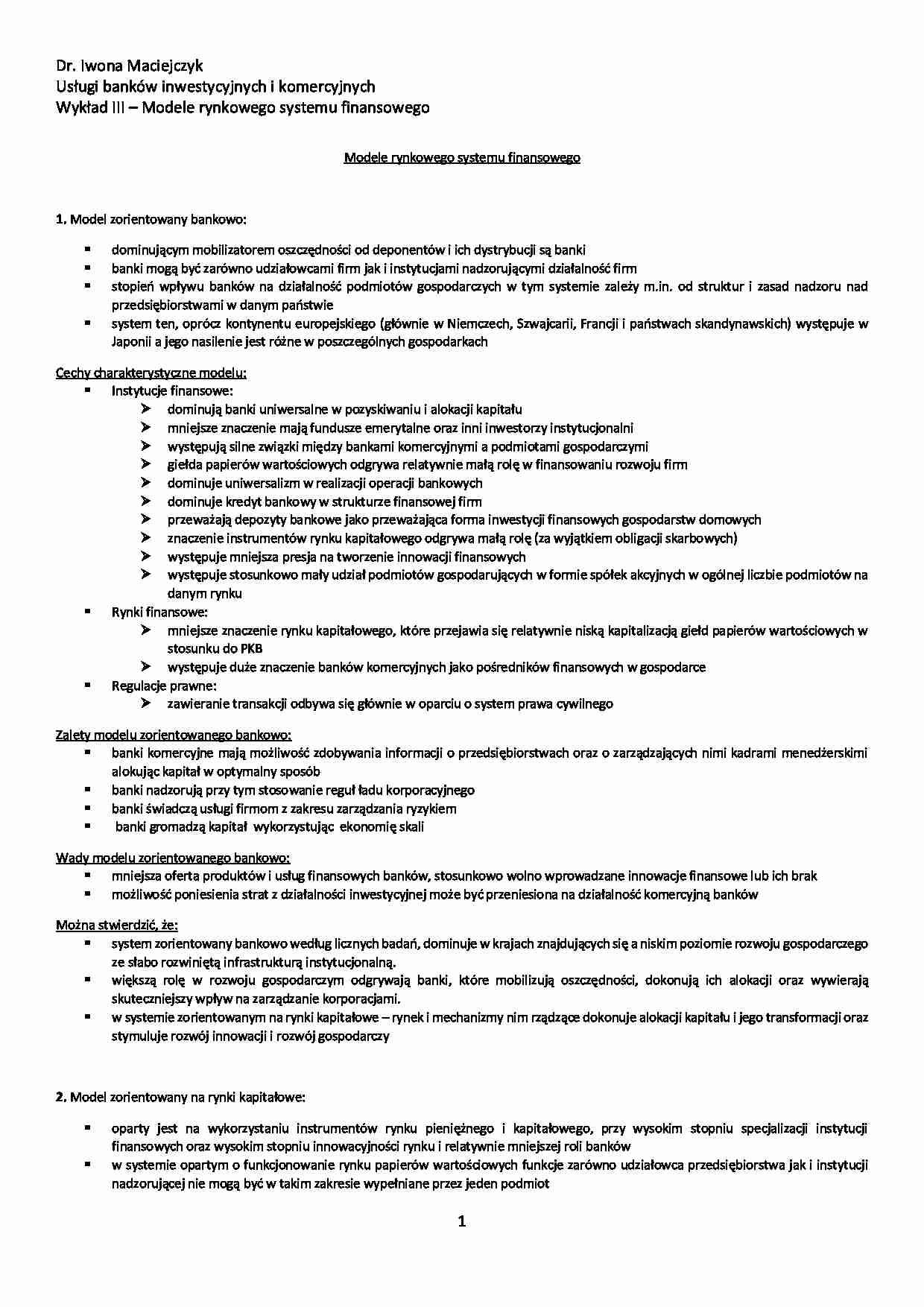 Modele rynkowego systemu finansowego - wykład - strona 1