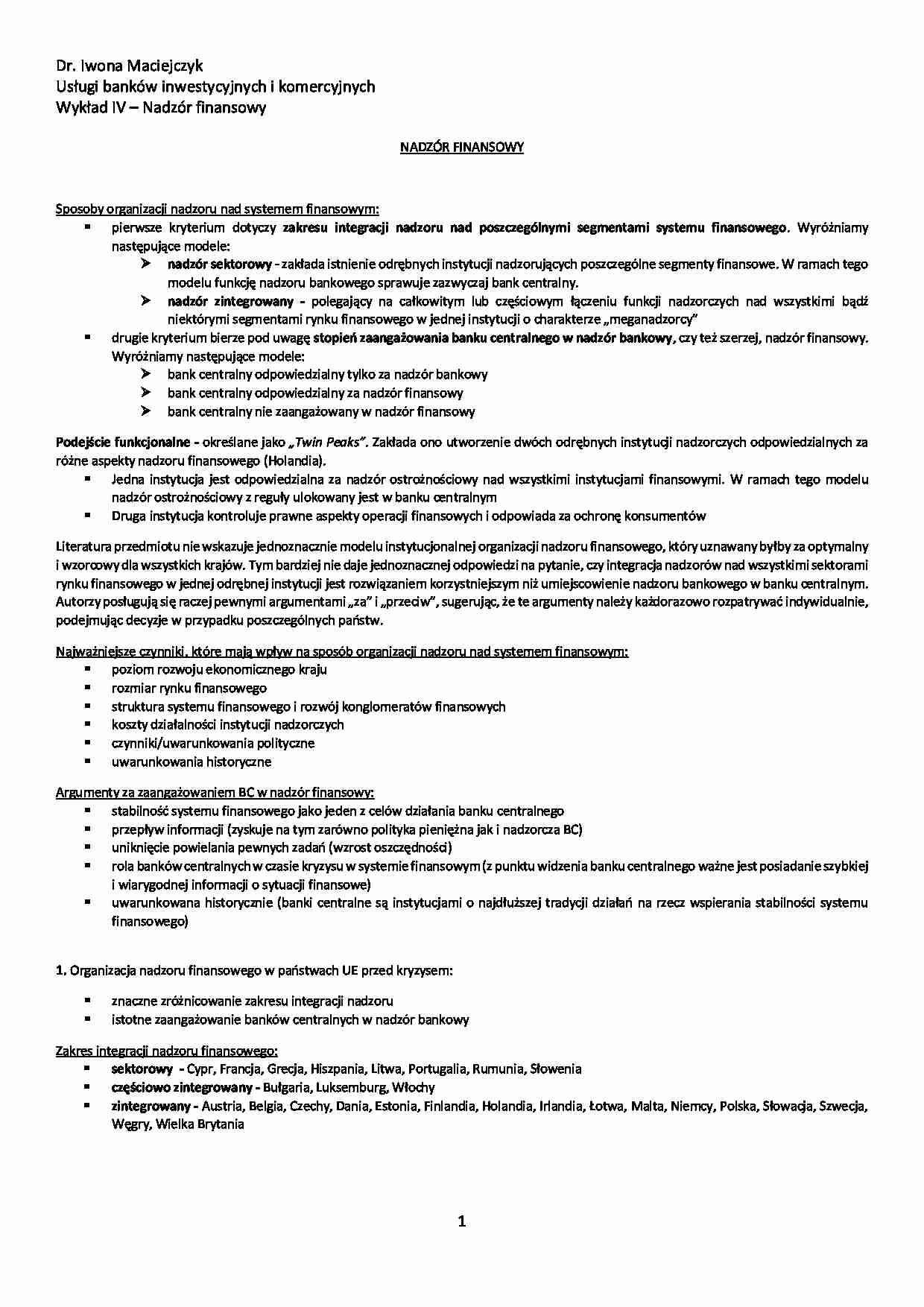 Nadzór finansowy - wykład - nadzór sektorowy - strona 1