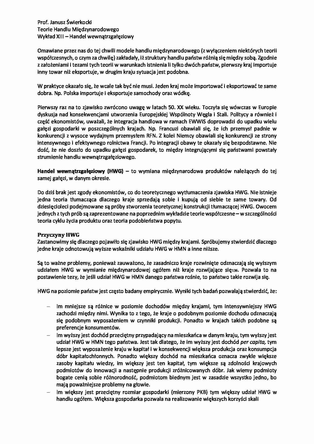 Handel wewnątrzgałęziowy - wykład - Przyczyny HWG - strona 1