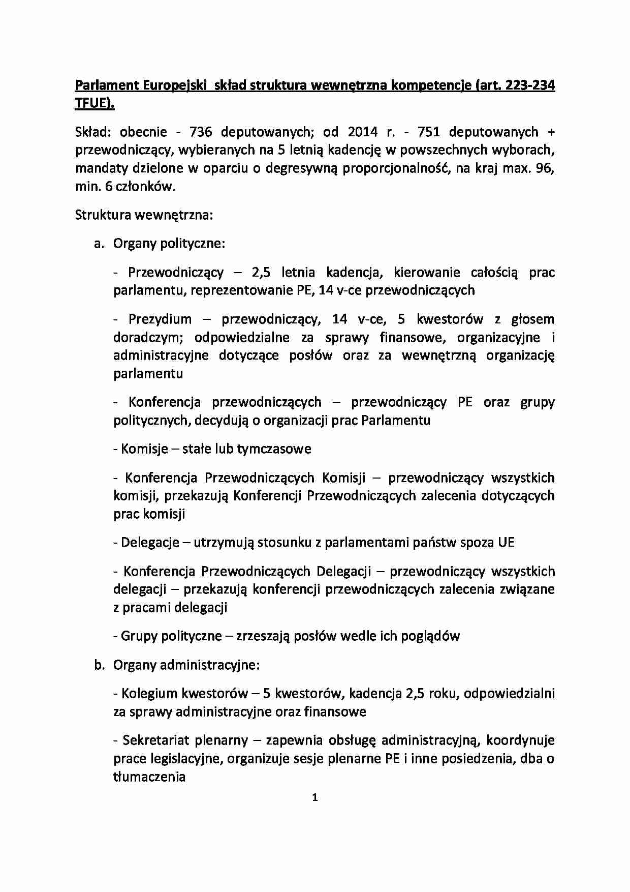 Parlament Europejski - skład, struktura wewnętrzna, kompetencje - wykład - strona 1