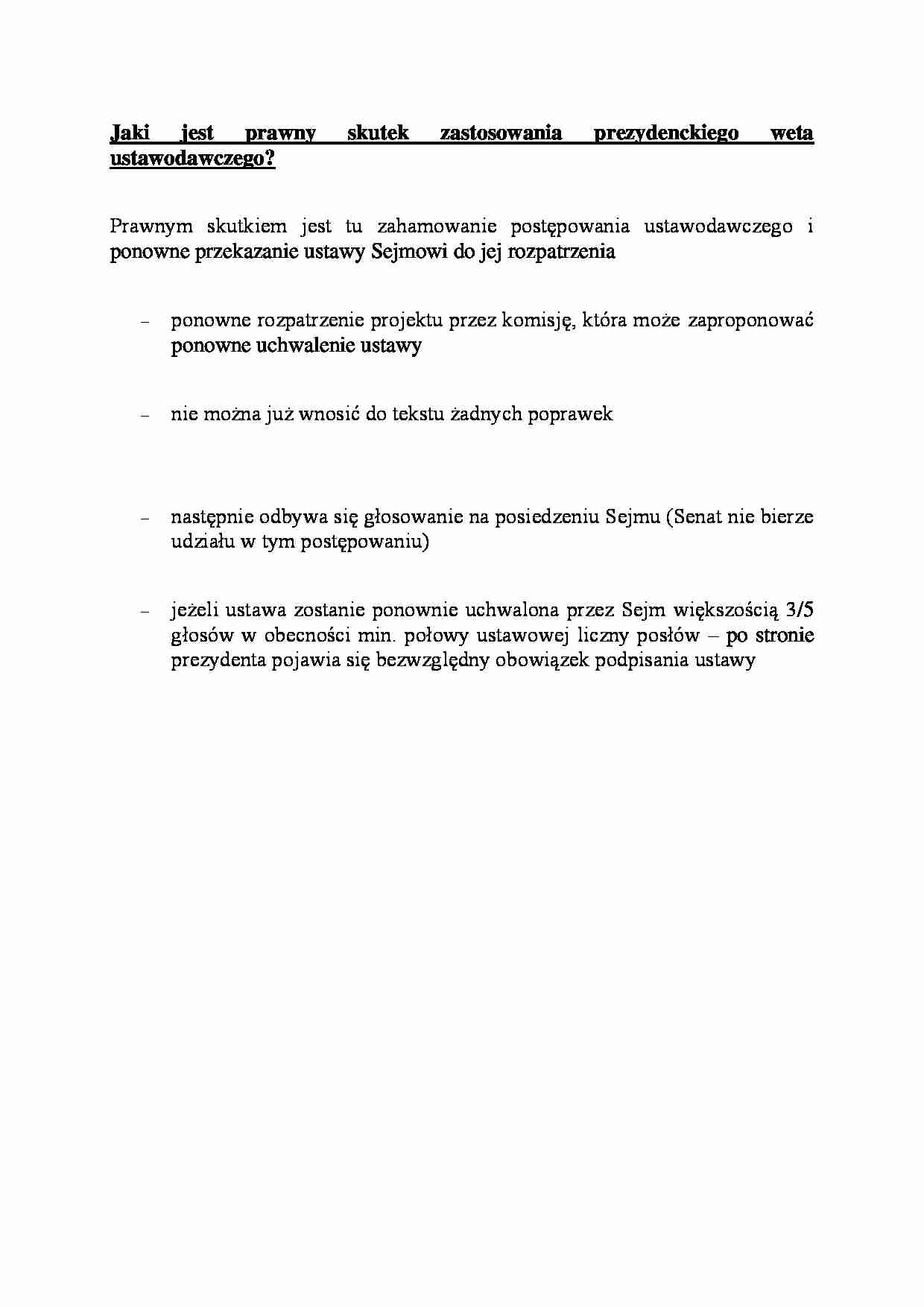 Prawny skutek zastosowania prezydenckiego weta ustawodawczego-opracowanie - strona 1