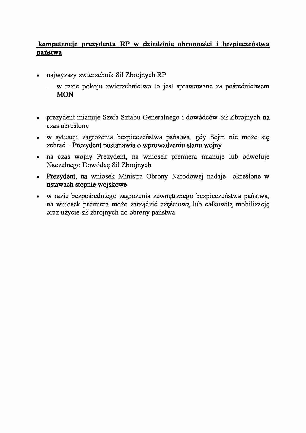 Kompetencje prezydenta RP w dziedzinie obronności i bezpieczeństwa państwa-opracowanie - strona 1