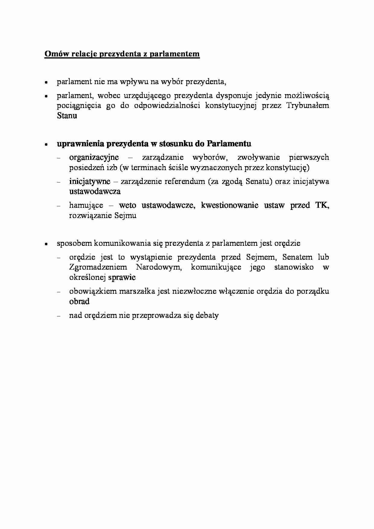 Omów relacje prezydenta z parlamentem - omówienie - strona 1