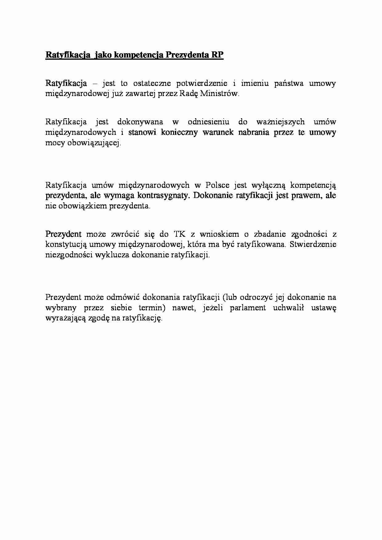 Ratyfikacja  jako kompetencja Prezydenta RP - omówienie - strona 1
