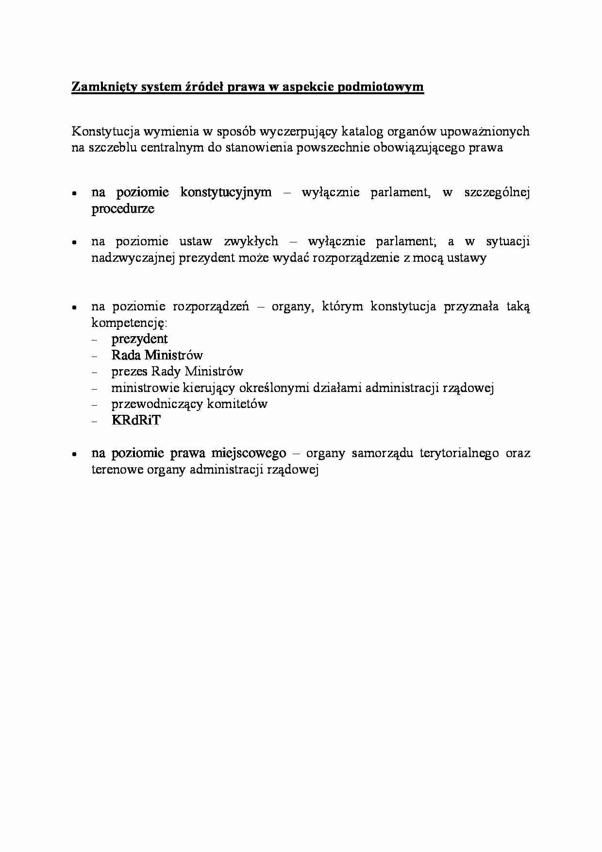 Zamknięty system źródeł prawa w aspekcie podmiotowym - wykład - strona 1