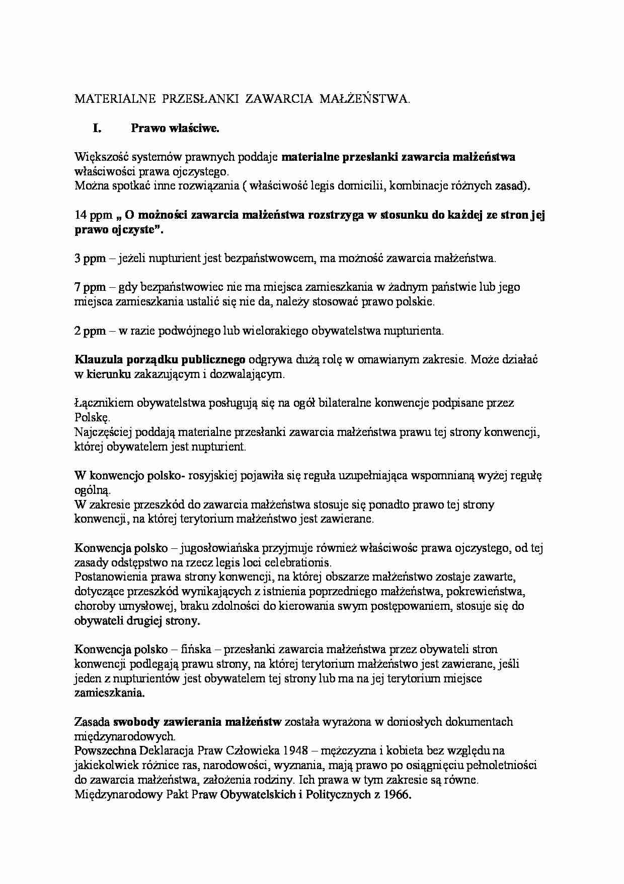 Materialne przesłanki zawarcia małżeństwa - wykład - strona 1