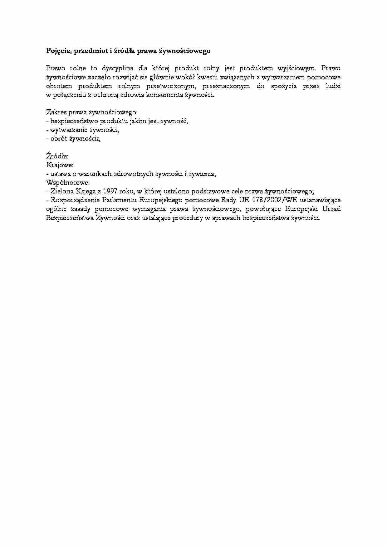 Pojęcie, przedmiot i źródła prawa żywnościowego - strona 1