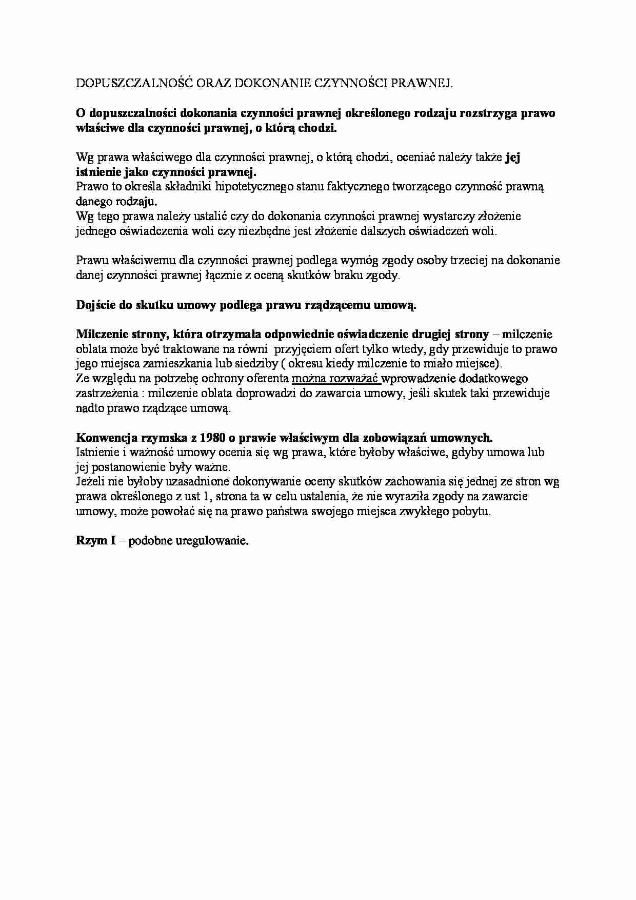 Dopuszczalność oraz dokonanie czynności prawnej-opracowanie - strona 1