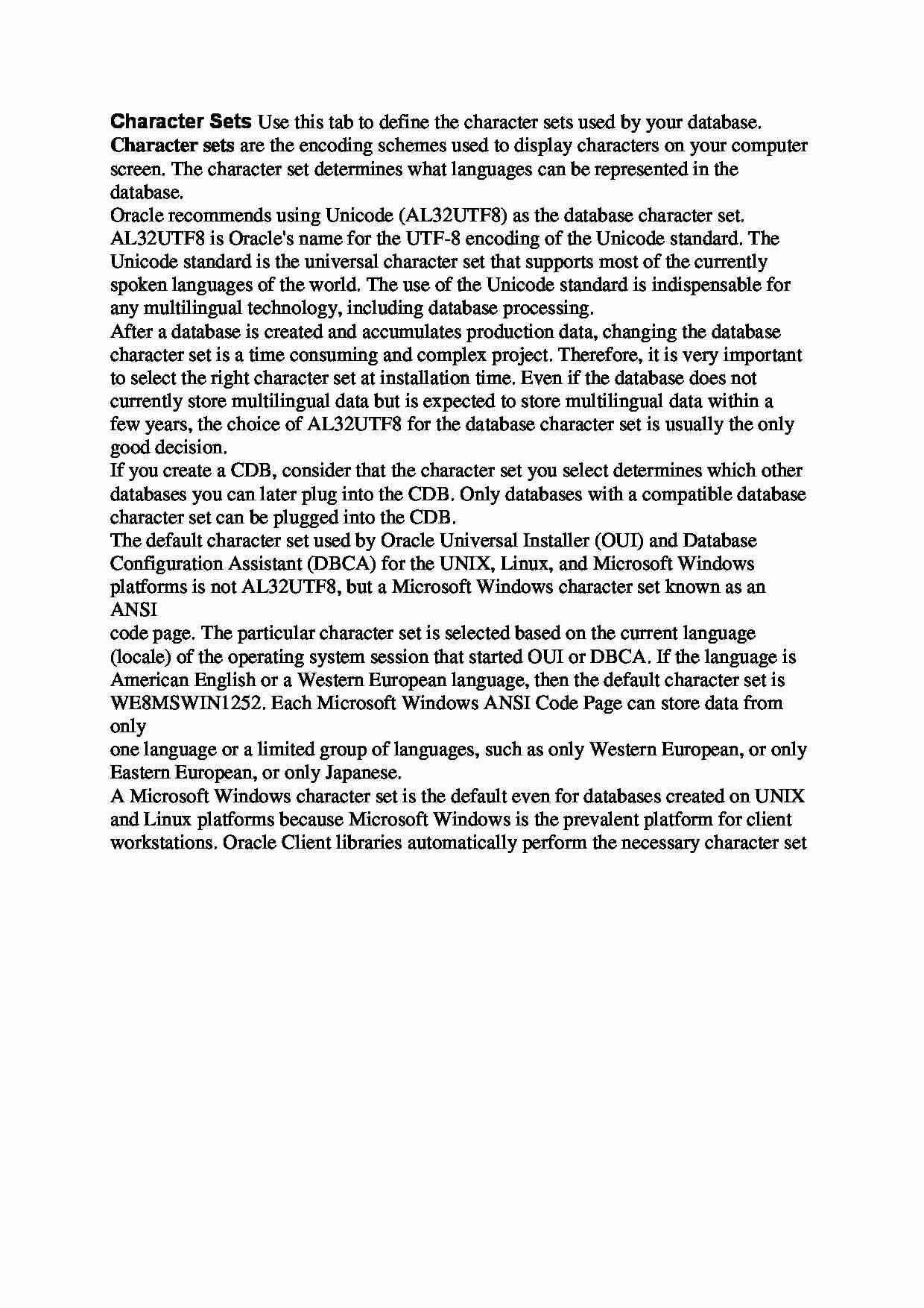 Character Sets Use this tab to define the character sets used by your database - strona 1