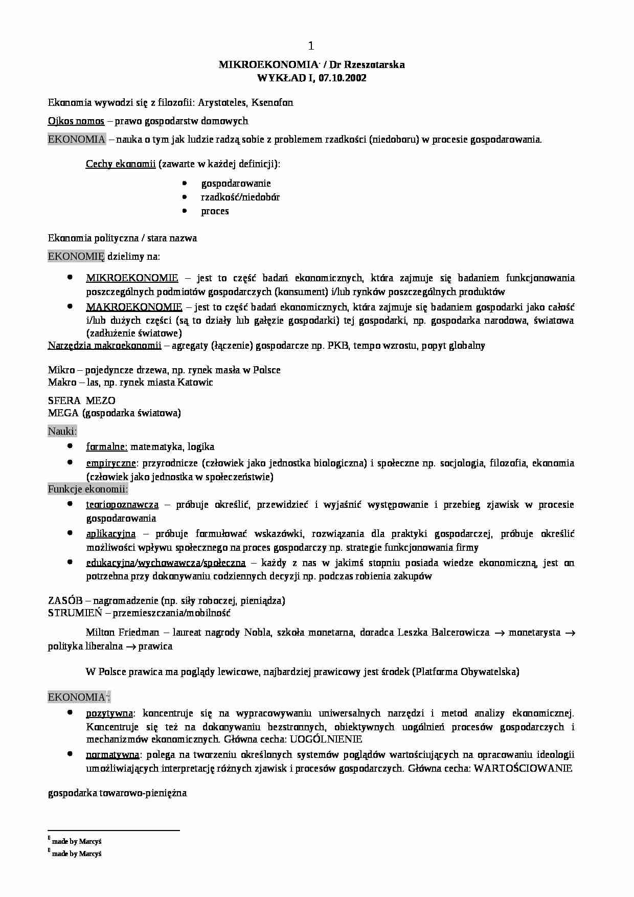 Mikroekonomia - wykłady - Cechy ekonomii - strona 1