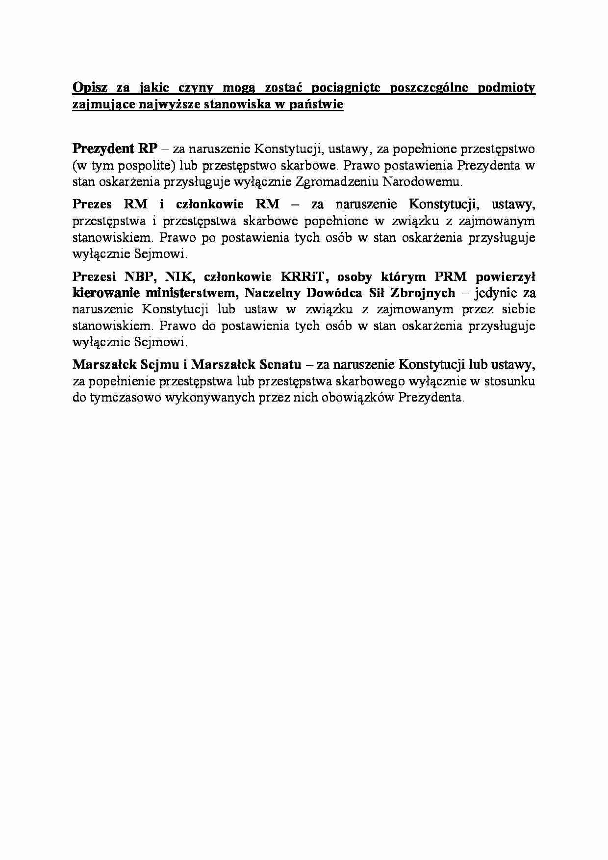 poszczególne podmioty zajmujące najwyższe stanowiska w państwie - omówienie  - strona 1