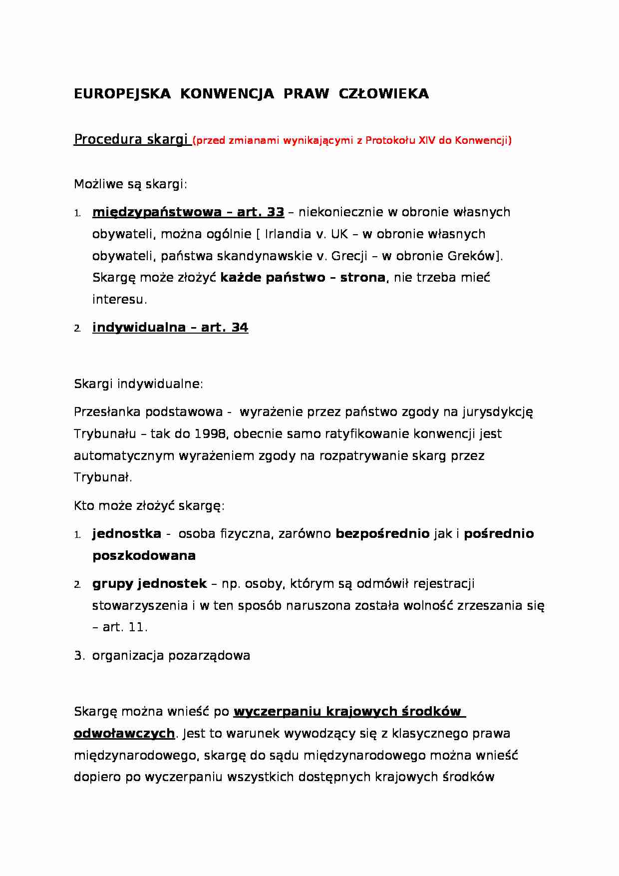 Europejska Konwencja Praw Człowieka - Procedura skargi  - strona 1