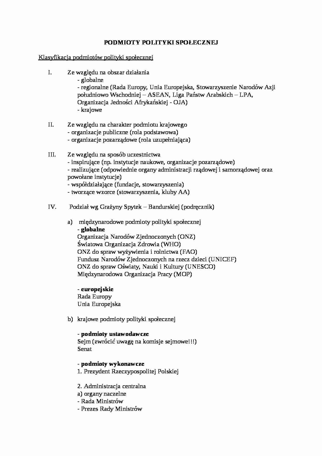 Podmioty polityki społecznej - klasyfikacja - strona 1