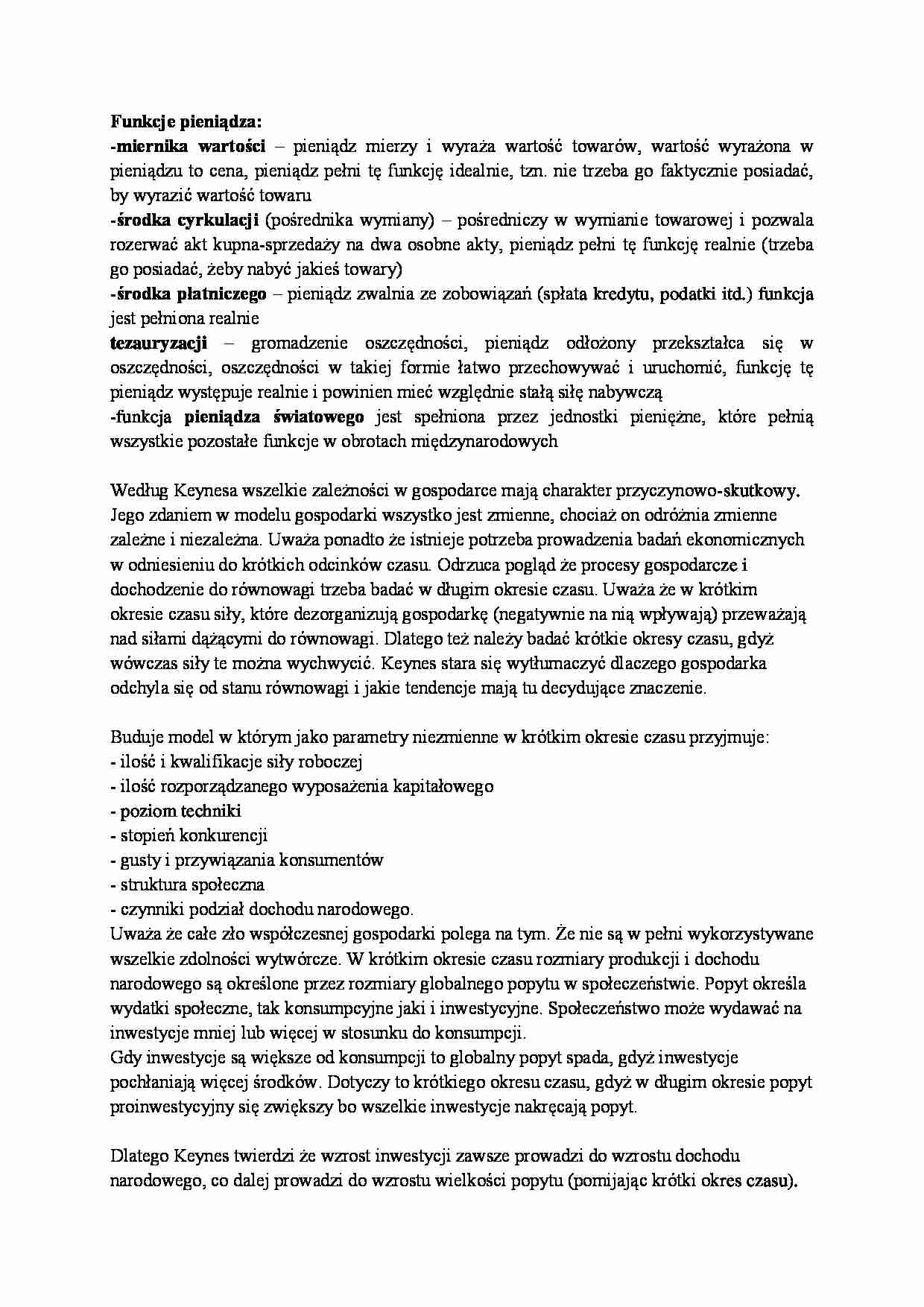 Funkcje pieniądza i model Keynesa i Dawina Huma - wykład - strona 1