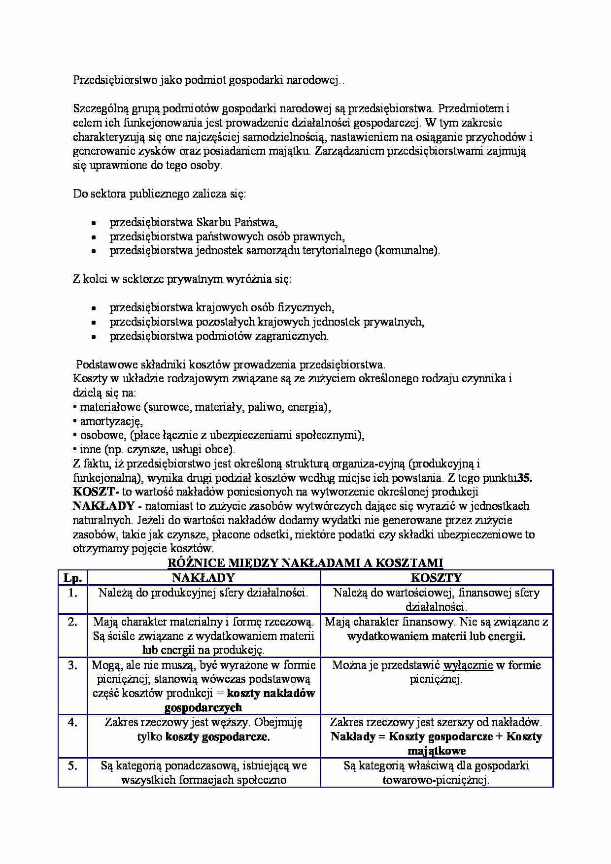 Przedsiębiorstwo jako podmiot gospodarki narodowej - wykład - strona 1