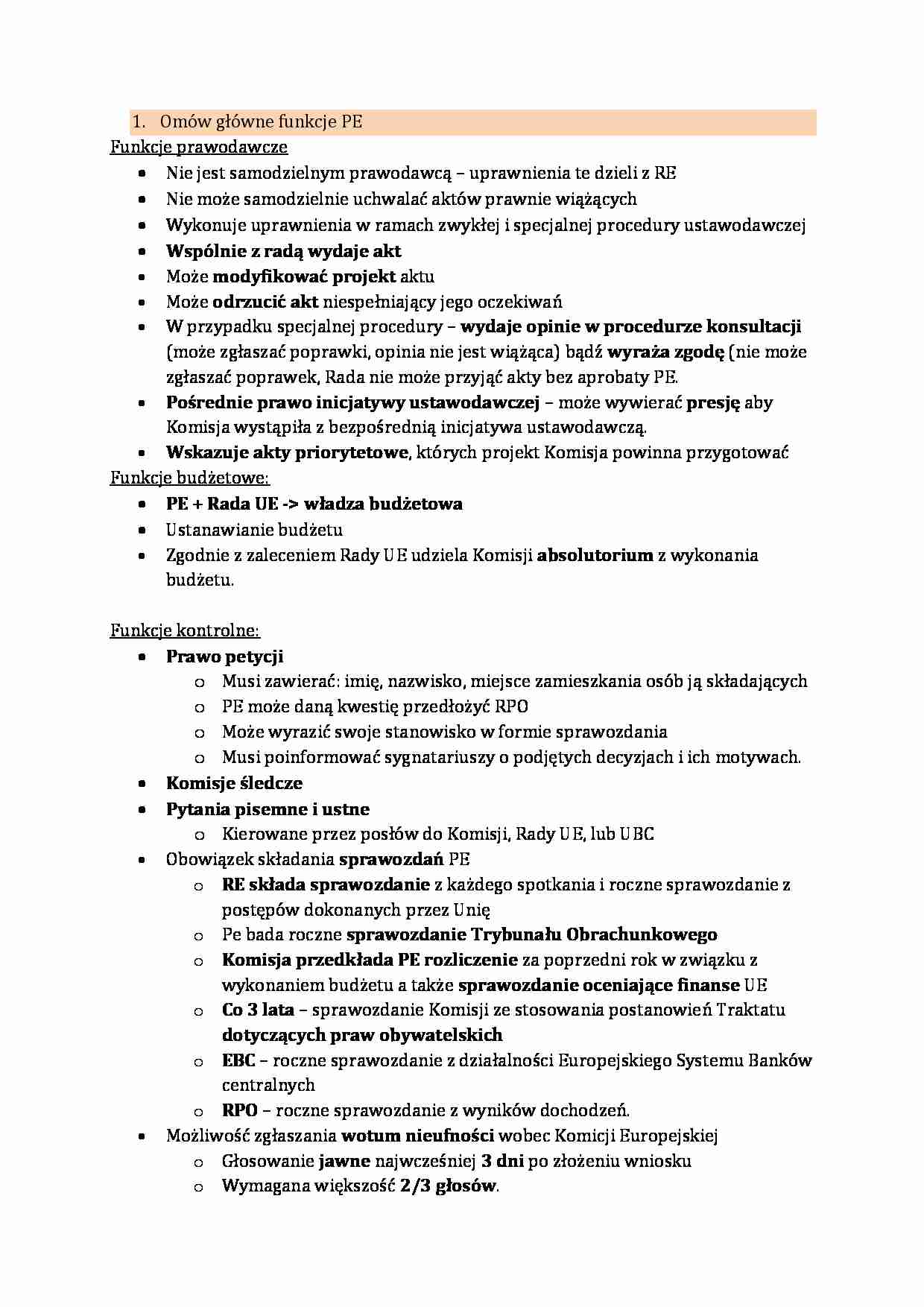 główne funkcje Parlamentu Europejskie  - strona 1