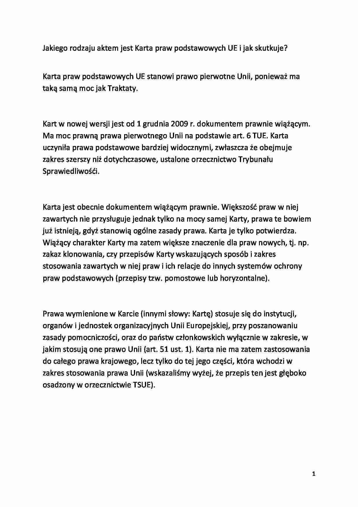Karta Praw Podstawowych UE - omówienie  - strona 1