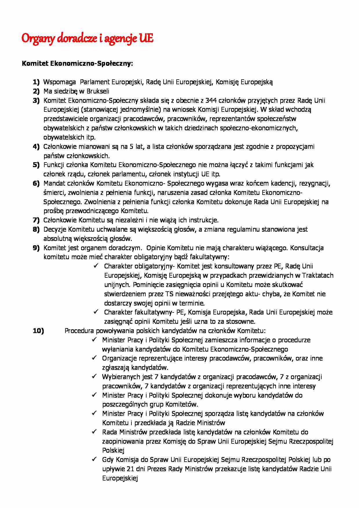 Organy doradcze i agencje UE - omówienie  - strona 1