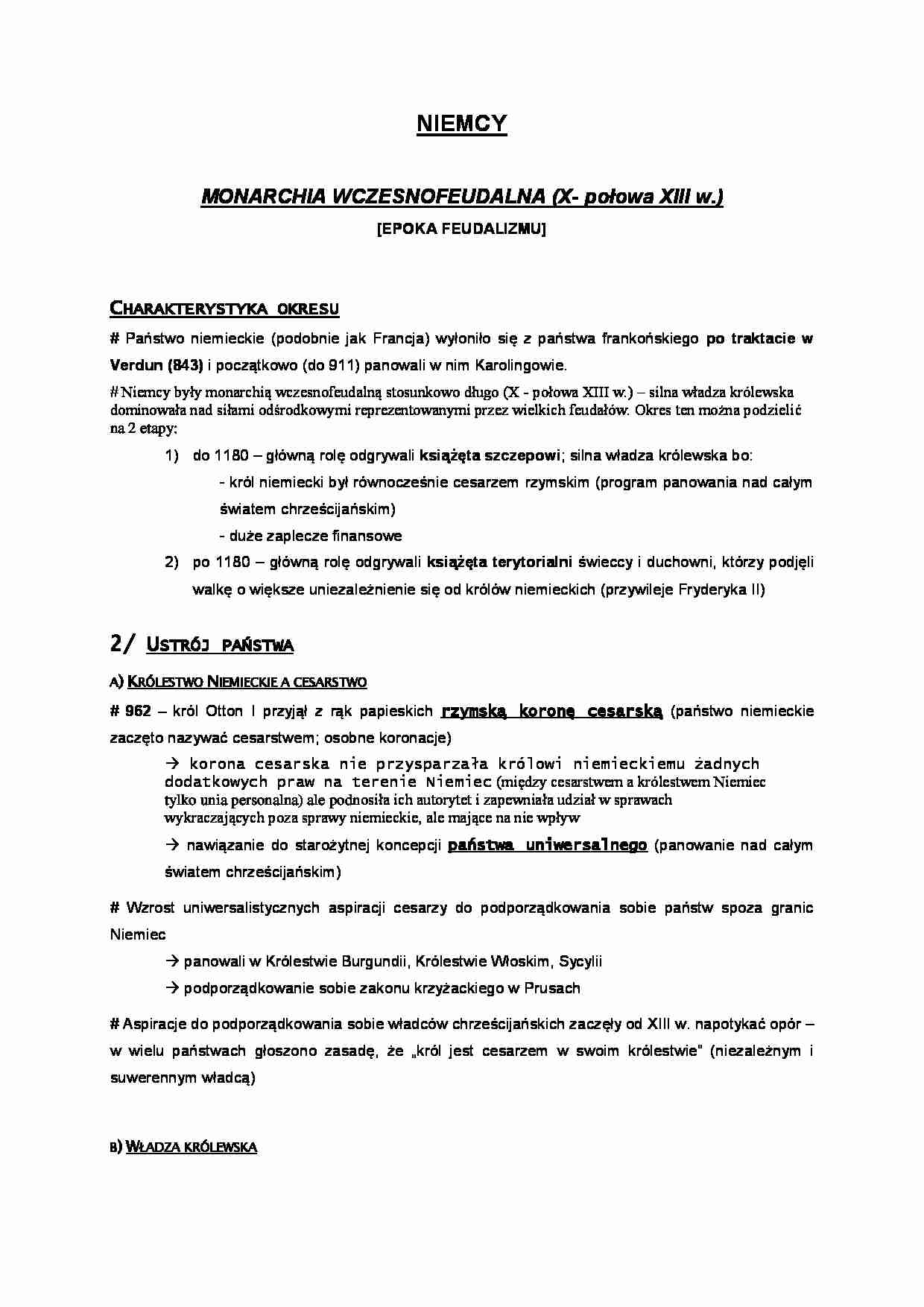 Niemcy - monarchia wczesnofeudalna - omówienie - strona 1