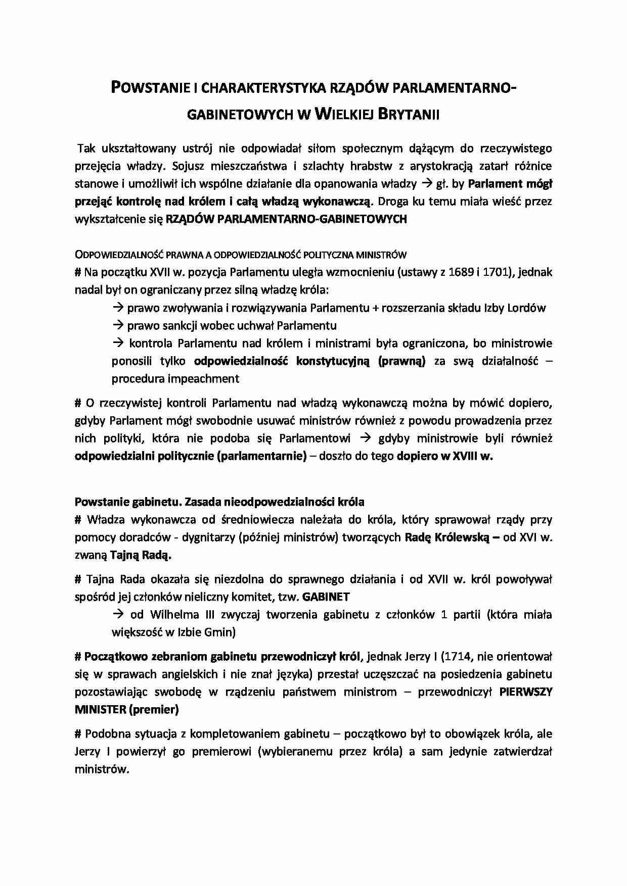 Powstanie i charakterystyka rządów parlamentarno-gabinetowych w Wielkiej Brytanii - strona 1