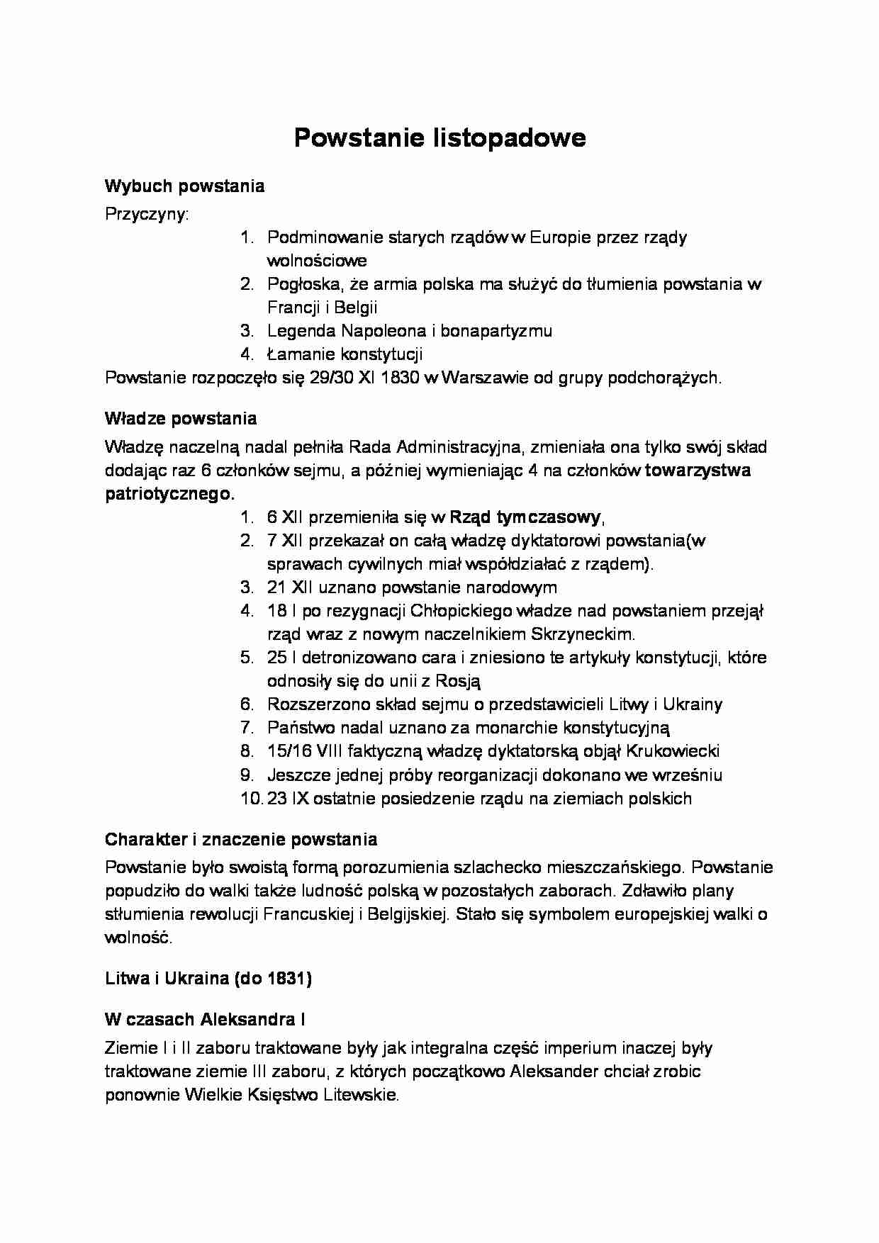 Powstanie listopadowe - omówienie  - strona 1