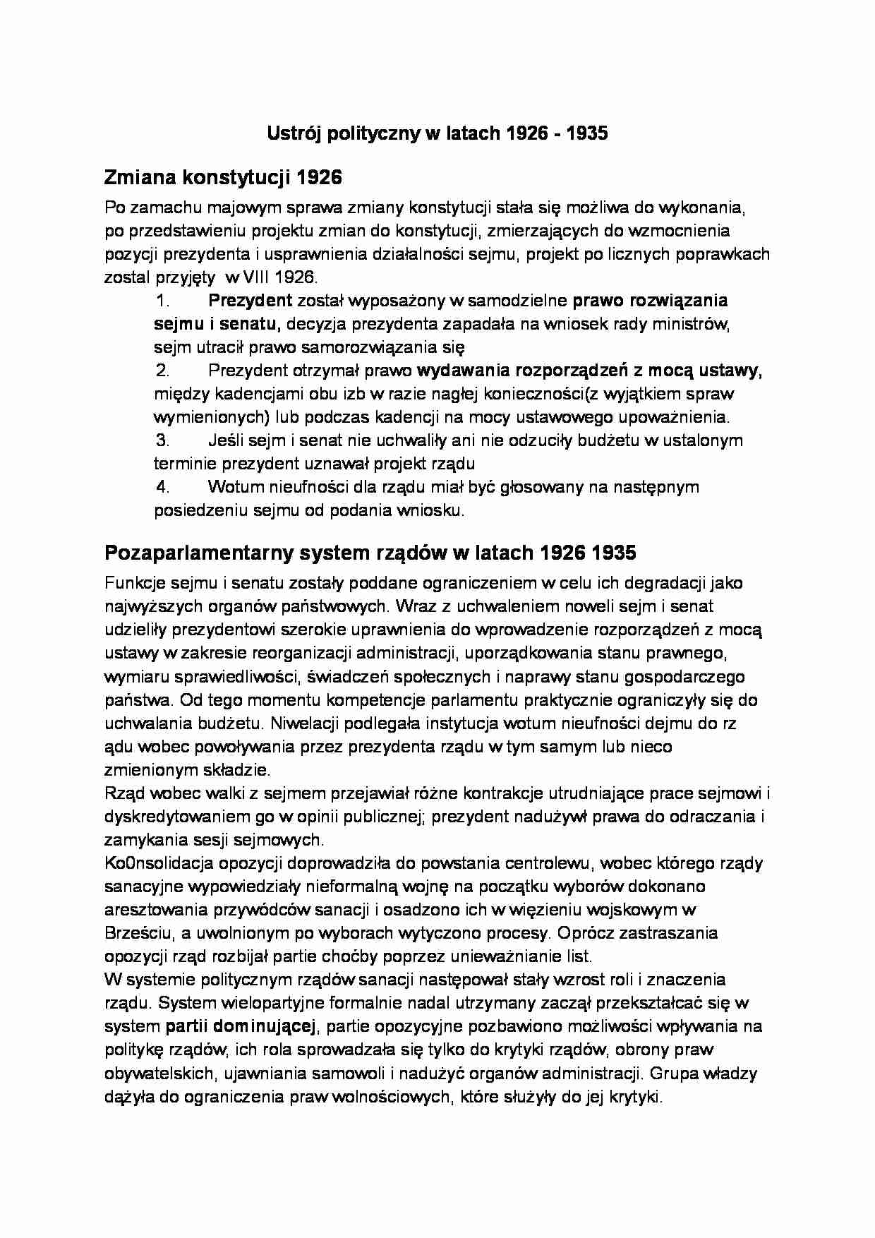 Ustrój polityczny od 1926 do 1939r. - omówienie  - strona 1