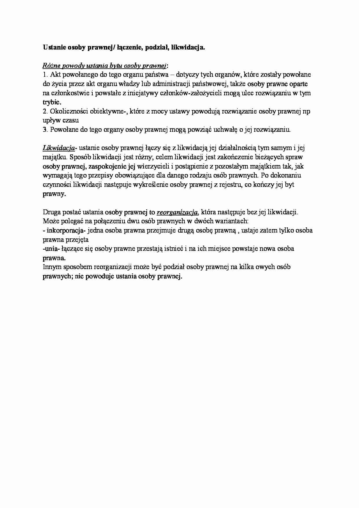 Ustanie osoby prawnej - łączenie, podział, likwidacja - strona 1