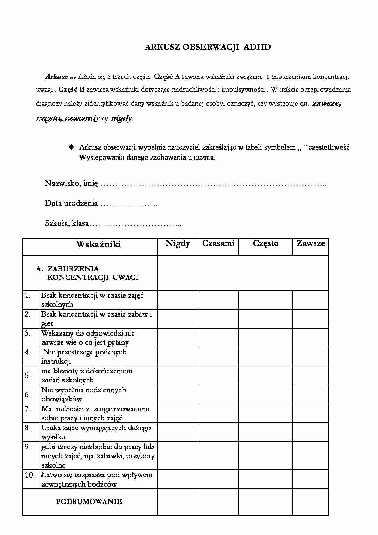Arkusz obserwacji dla dzieci z ADHD - strona 1