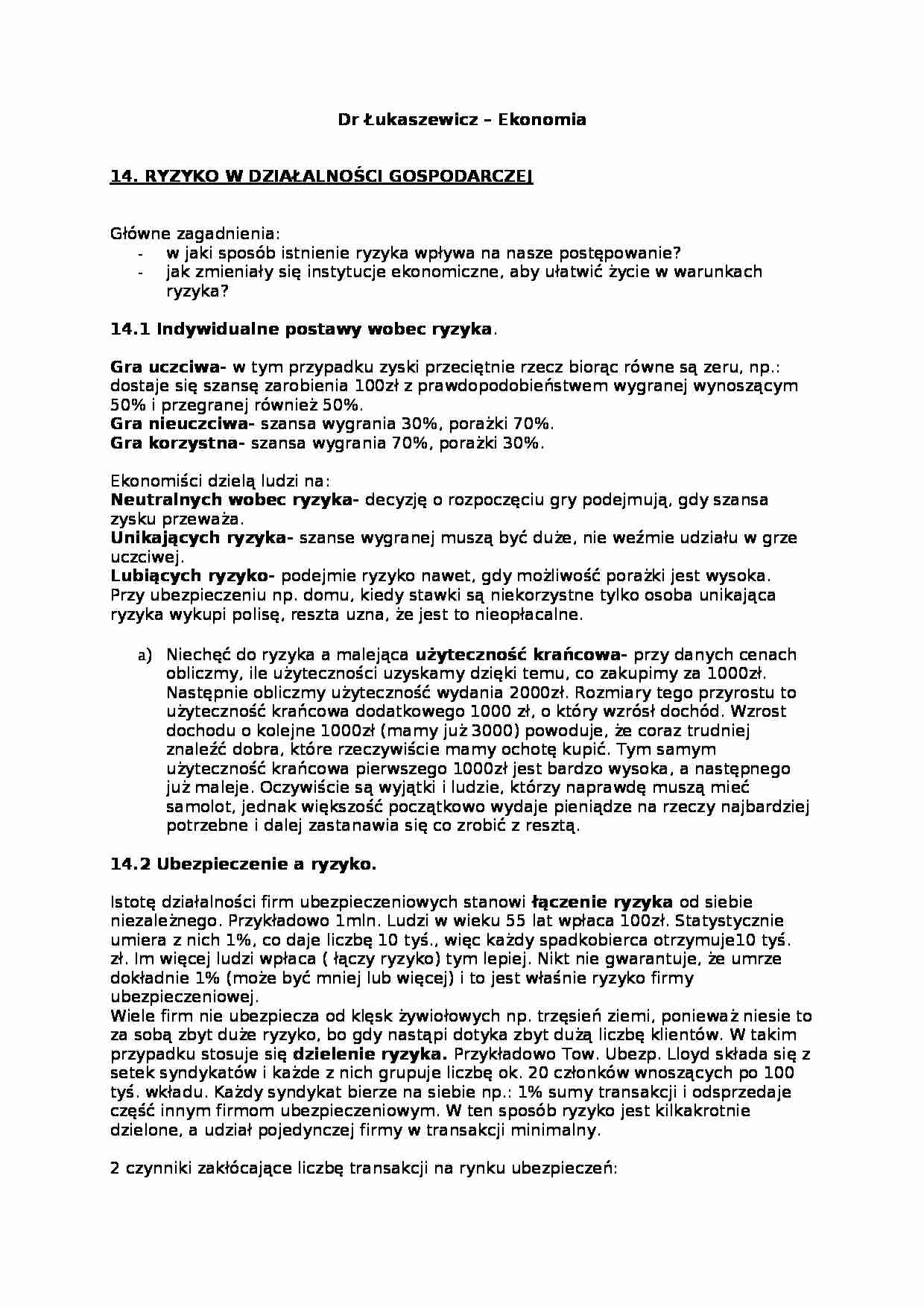 Ryzyko w działalności gospodarczej - omówienie  - strona 1