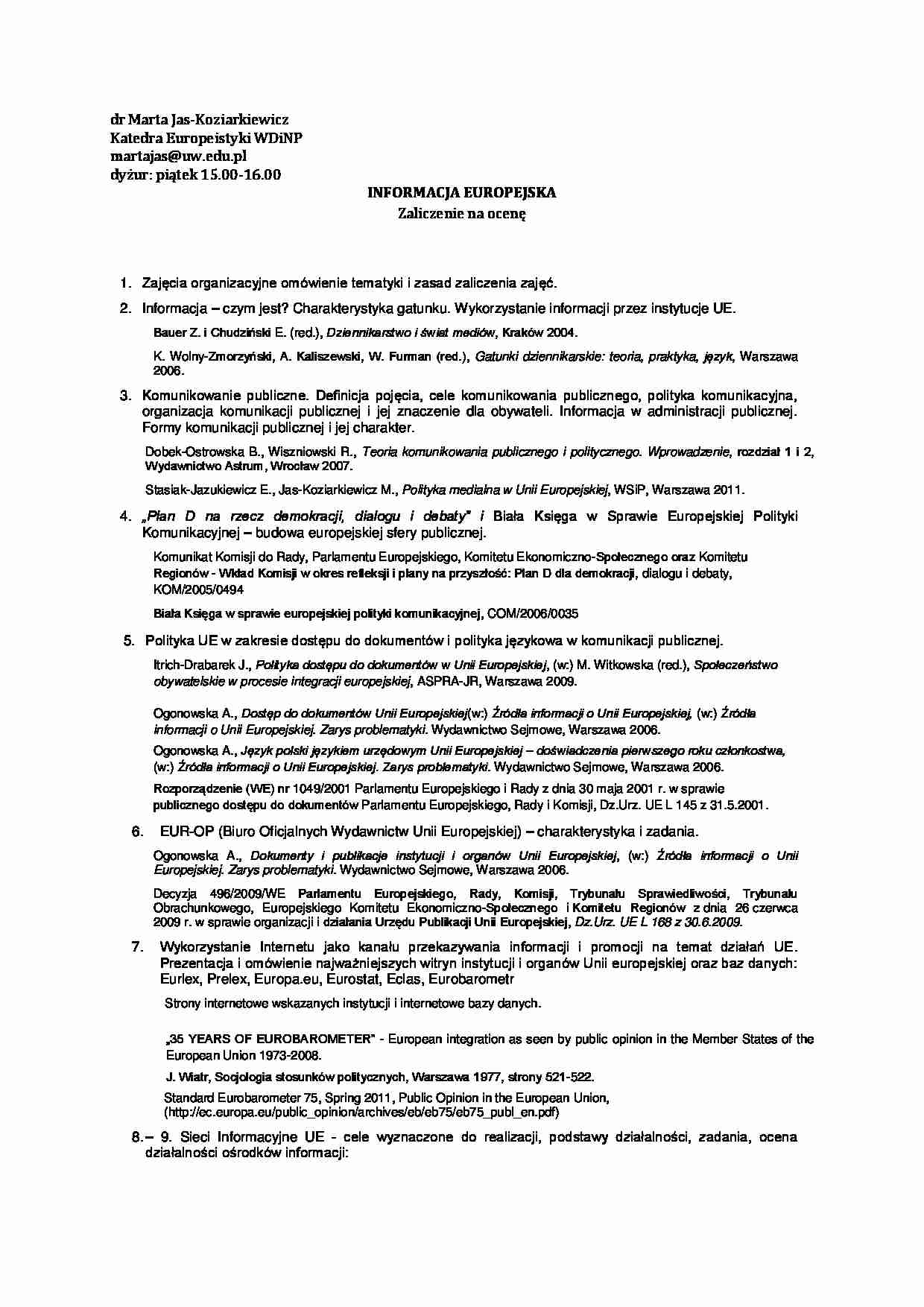 Informacja Europejska - zaliczenie na ocenę - strona 1