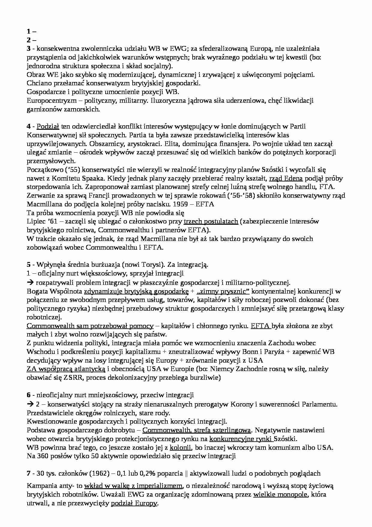 Procesy Integracyjne w Europie - polityka europejska Wielkiej Brytanii - omówienie  - strona 1