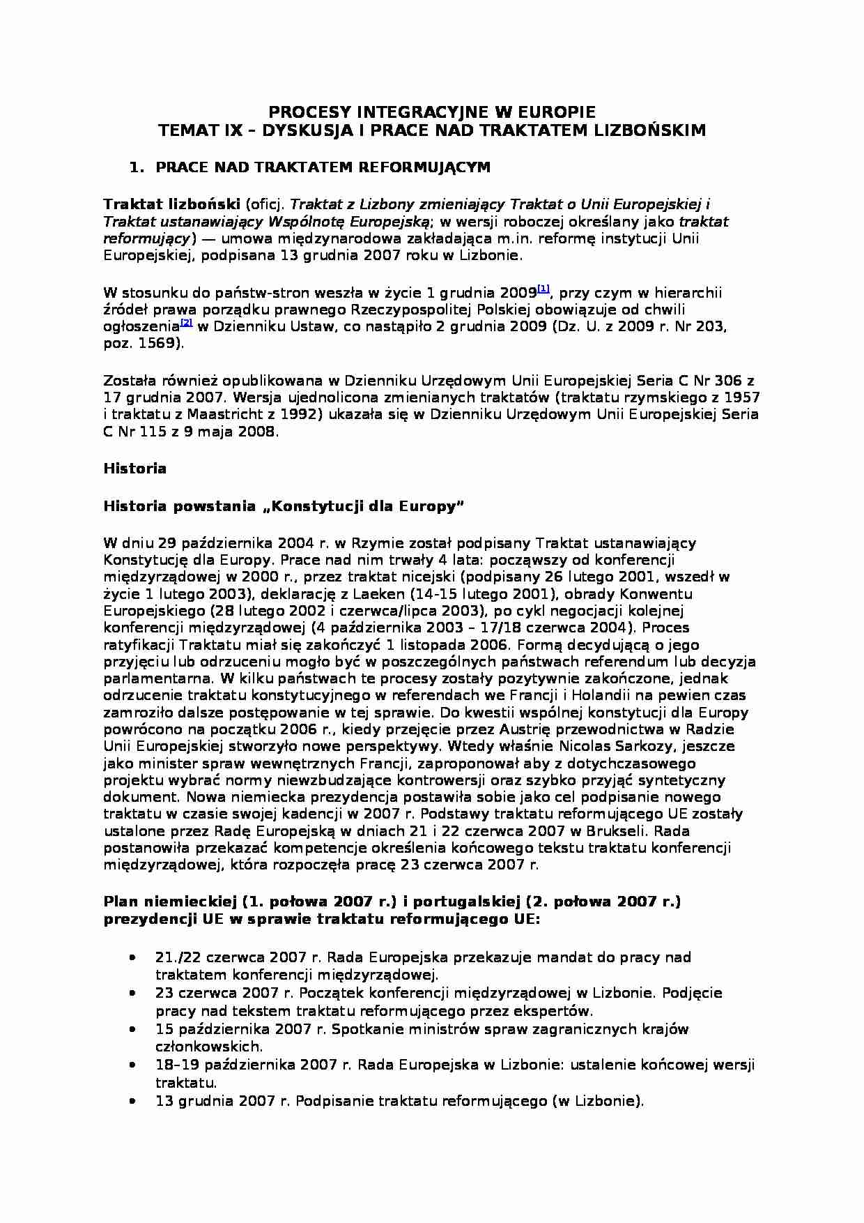 Procesy integracyjne w Europie - prace i dyskusje nad Traktatem Lizbońskim - strona 1