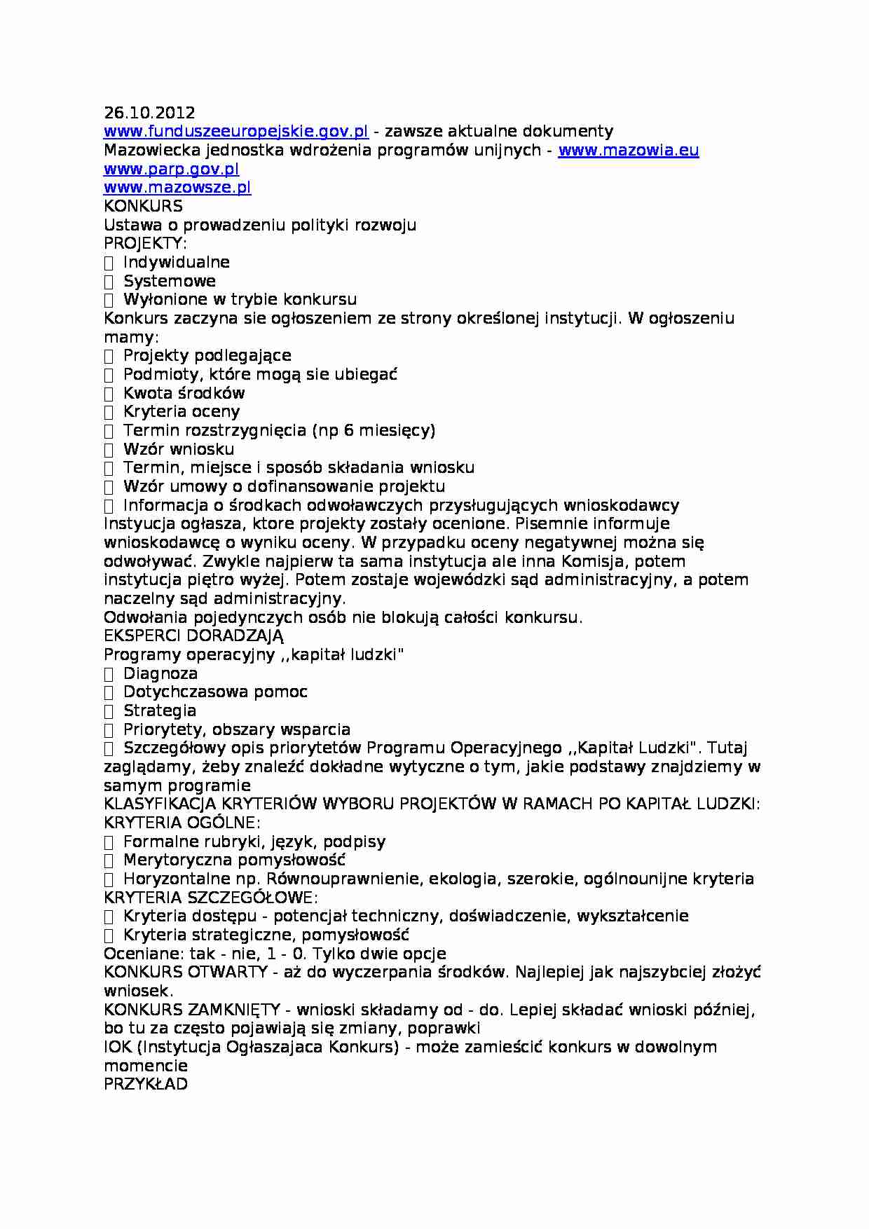 Kryteria wyboru projektów w ramach po Kapitał Ludzki   - strona 1