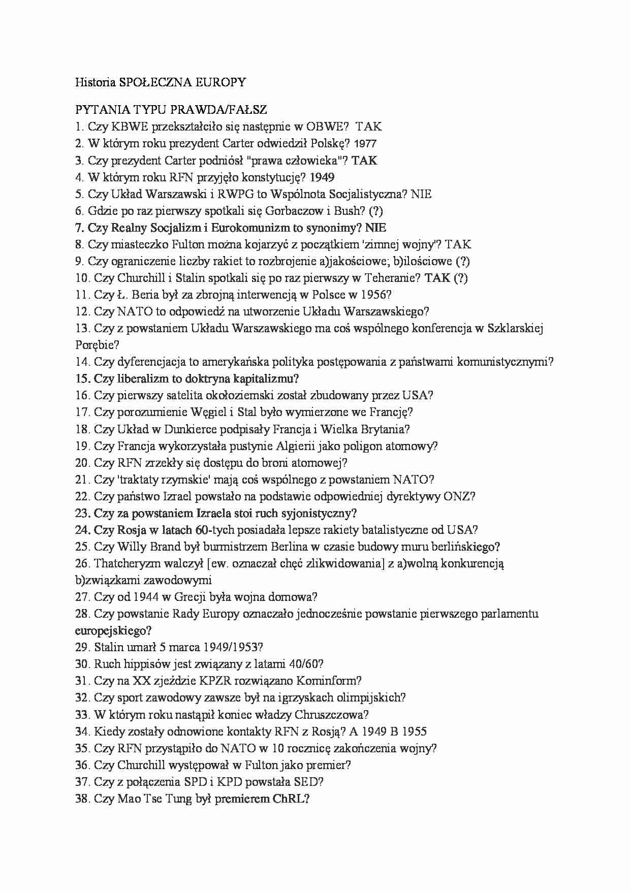 Przykładowe pytania na egzamin z historii społecznej Europy - strona 1