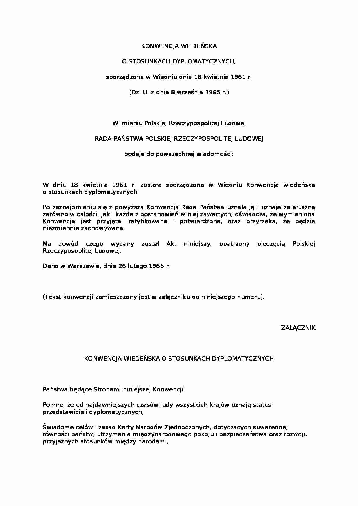 Konwencja wiedeńska o stosunkach dyplomatycznych - Karta  Narodów Zjednoczonych, - strona 1