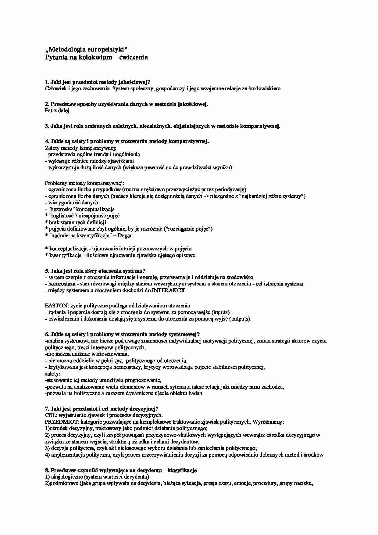 Metodologia Europeistyki - pytania - strona 1