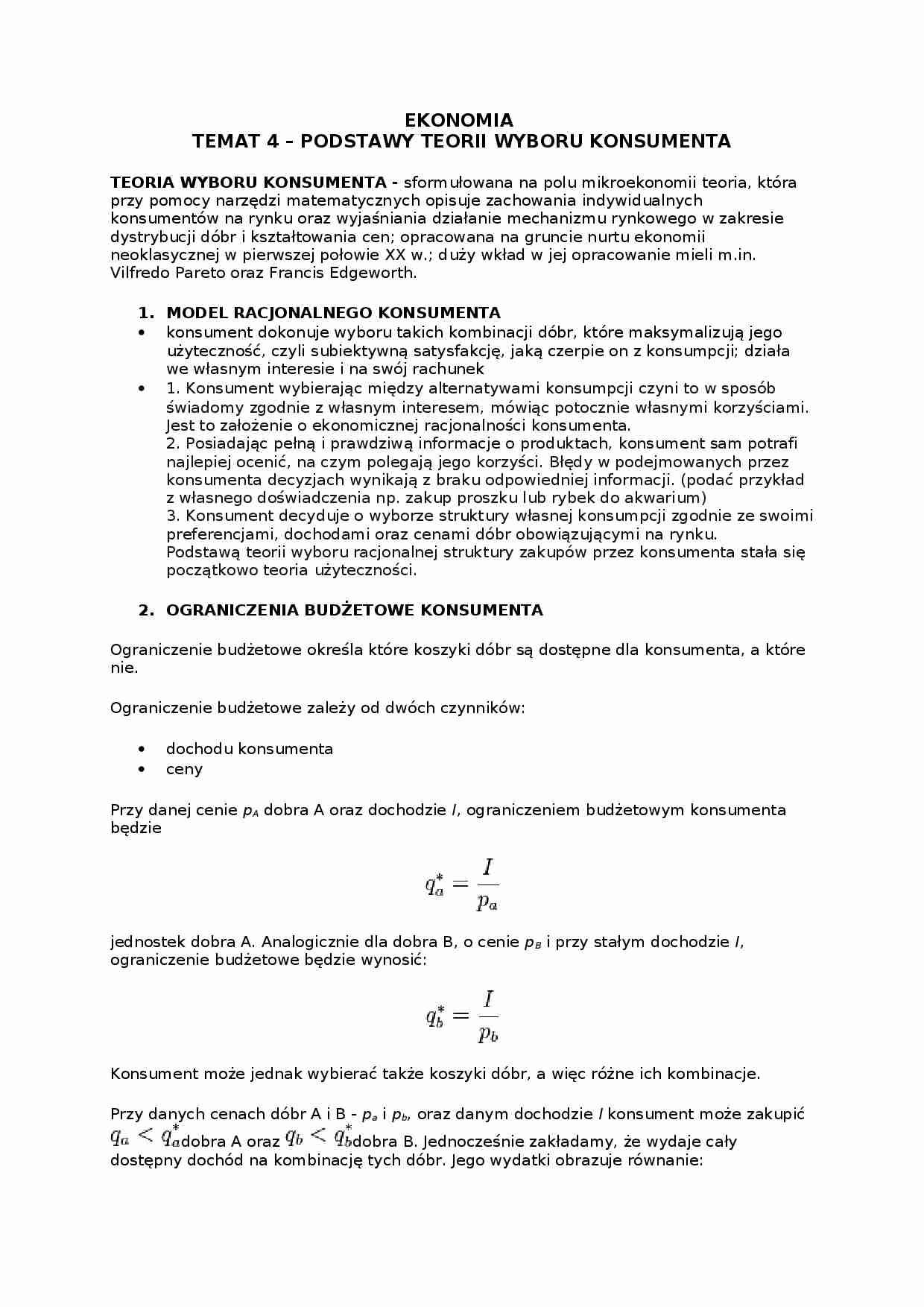 Teoria wyboru konsumenta - wykład - strona 1