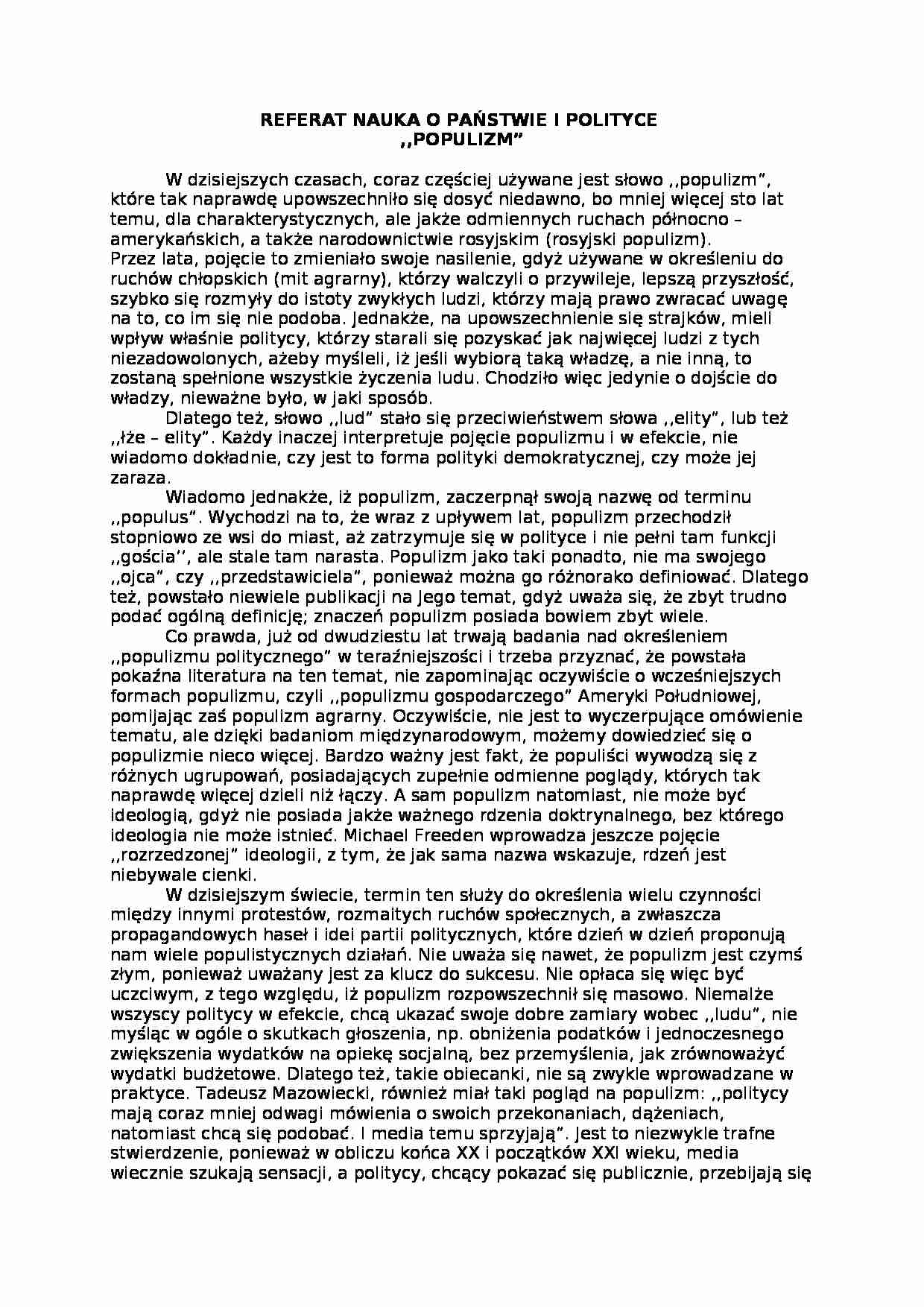 Nauka  o państwie i polityce - populizm - omówienie  - strona 1