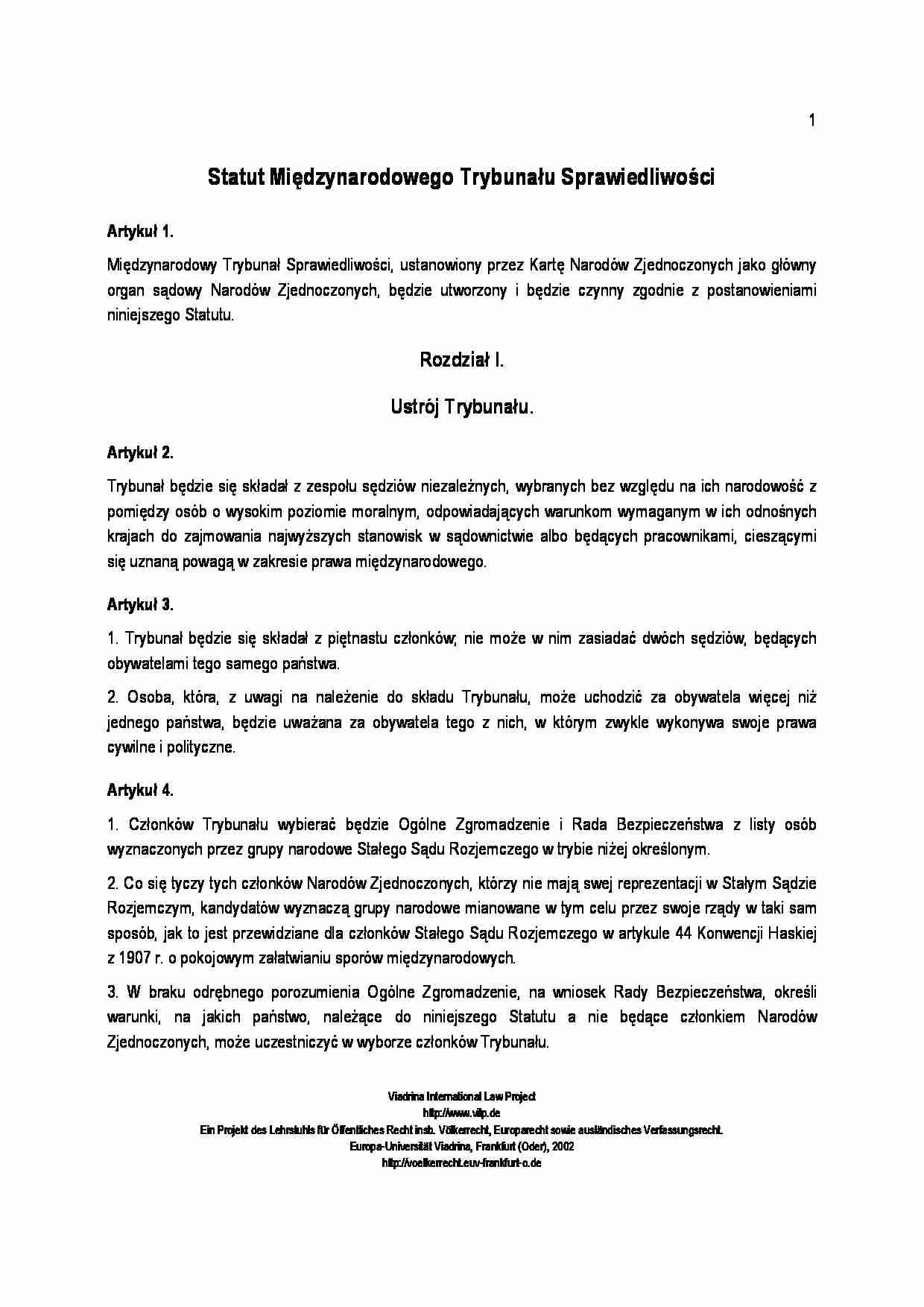 Statut Międzynarodowego Trybunału Sprawiedliwości - omówienie  - strona 1