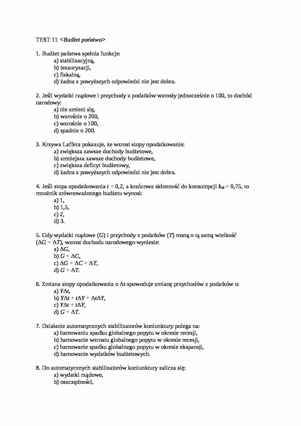 Test 11- Ekonomia  - strona 1