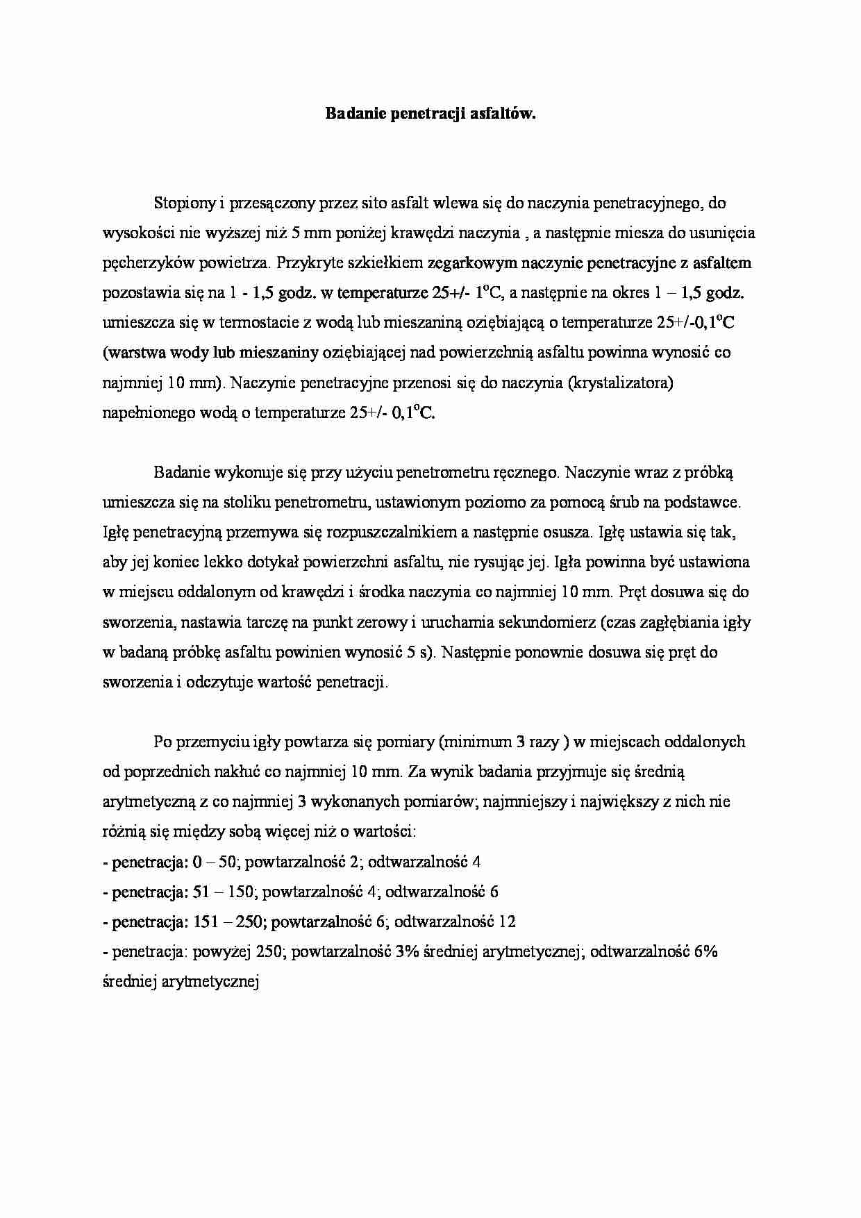 Badanie penetracji asfaltów - omówienie  - strona 1