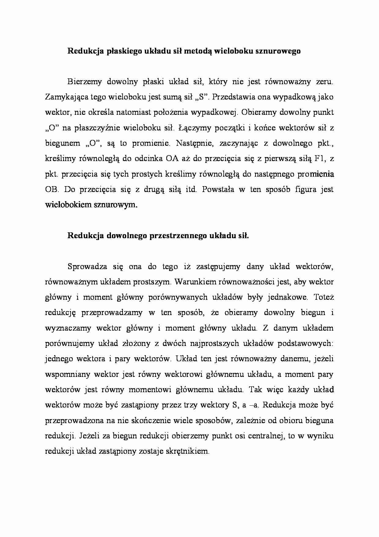 Redukcja płaskiego układu sił metodą wieloboku sznurowego - strona 1