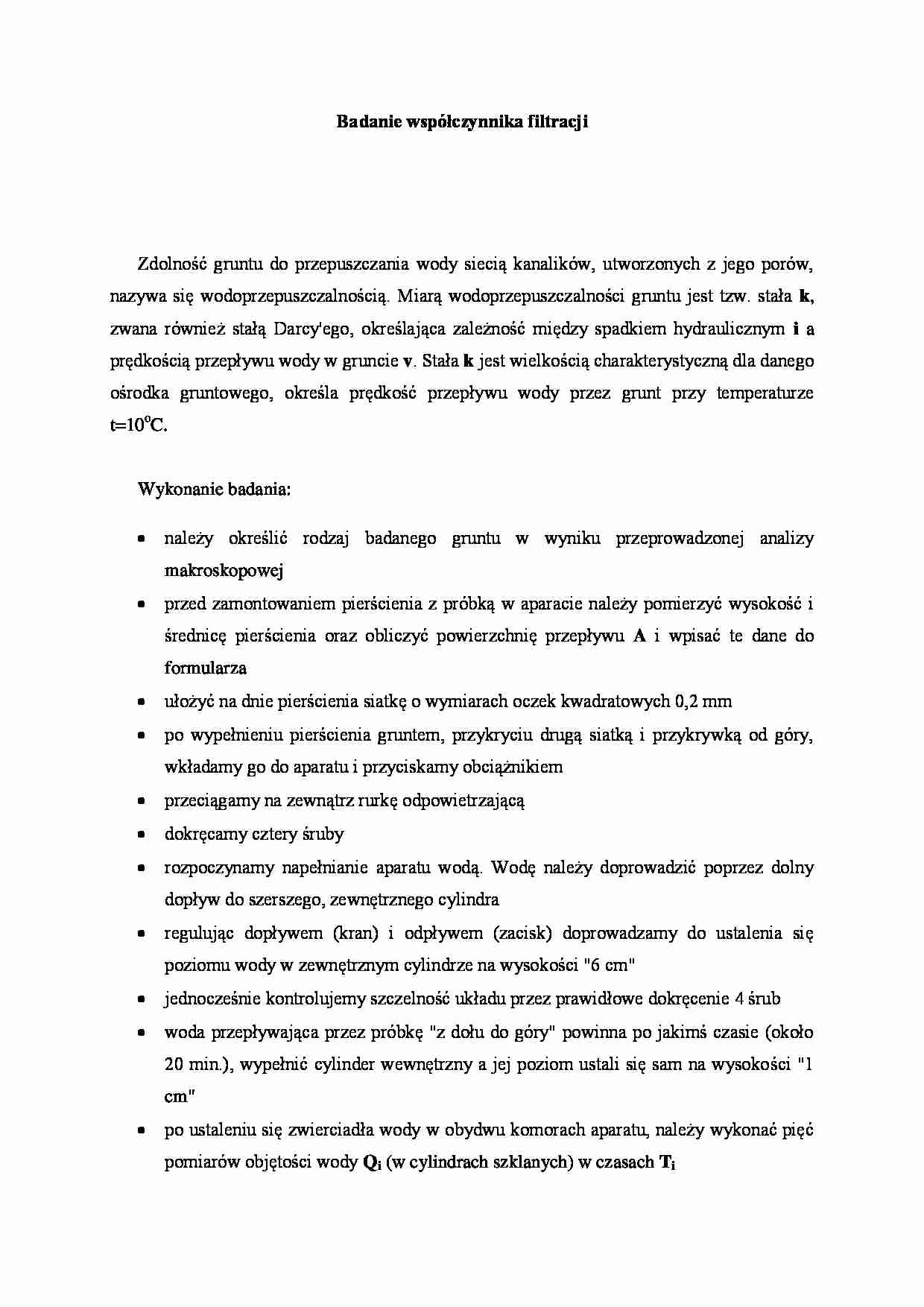 Badanie współczynnika filtracji - omówienie  - strona 1