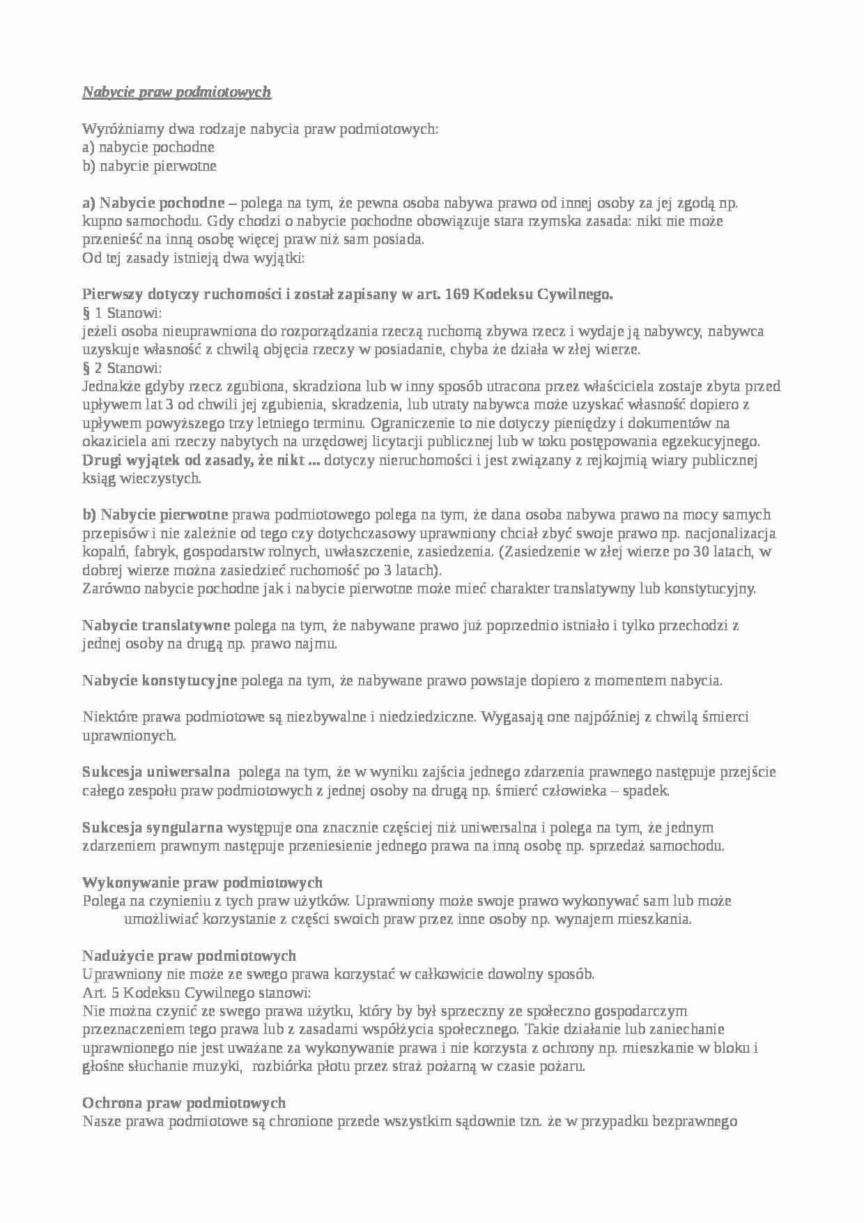 Nabycie praw podmiotowych - wykład - strona 1